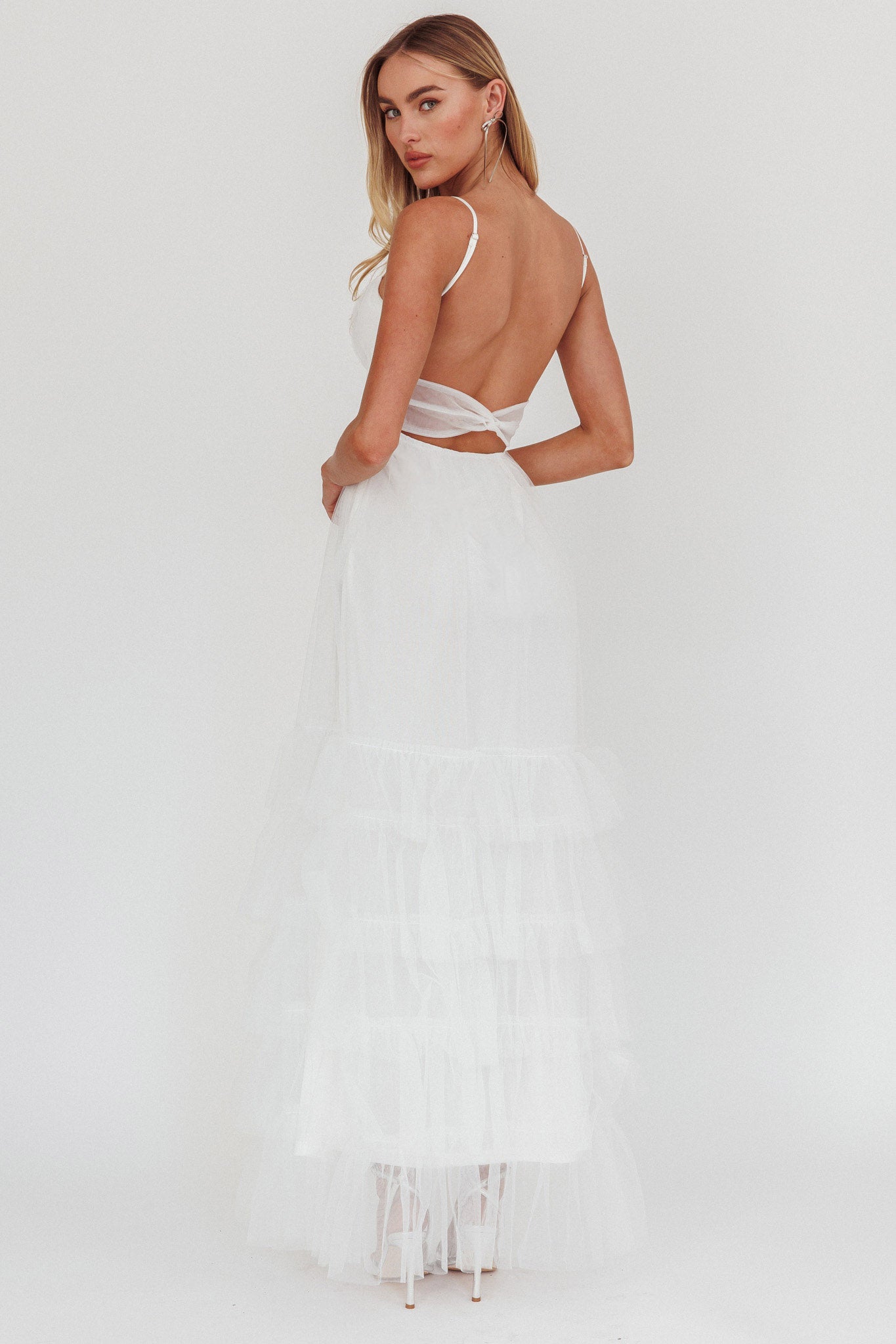Nerida Twist Back Frill Trim Mesh Maxi Dress White-Maymioy