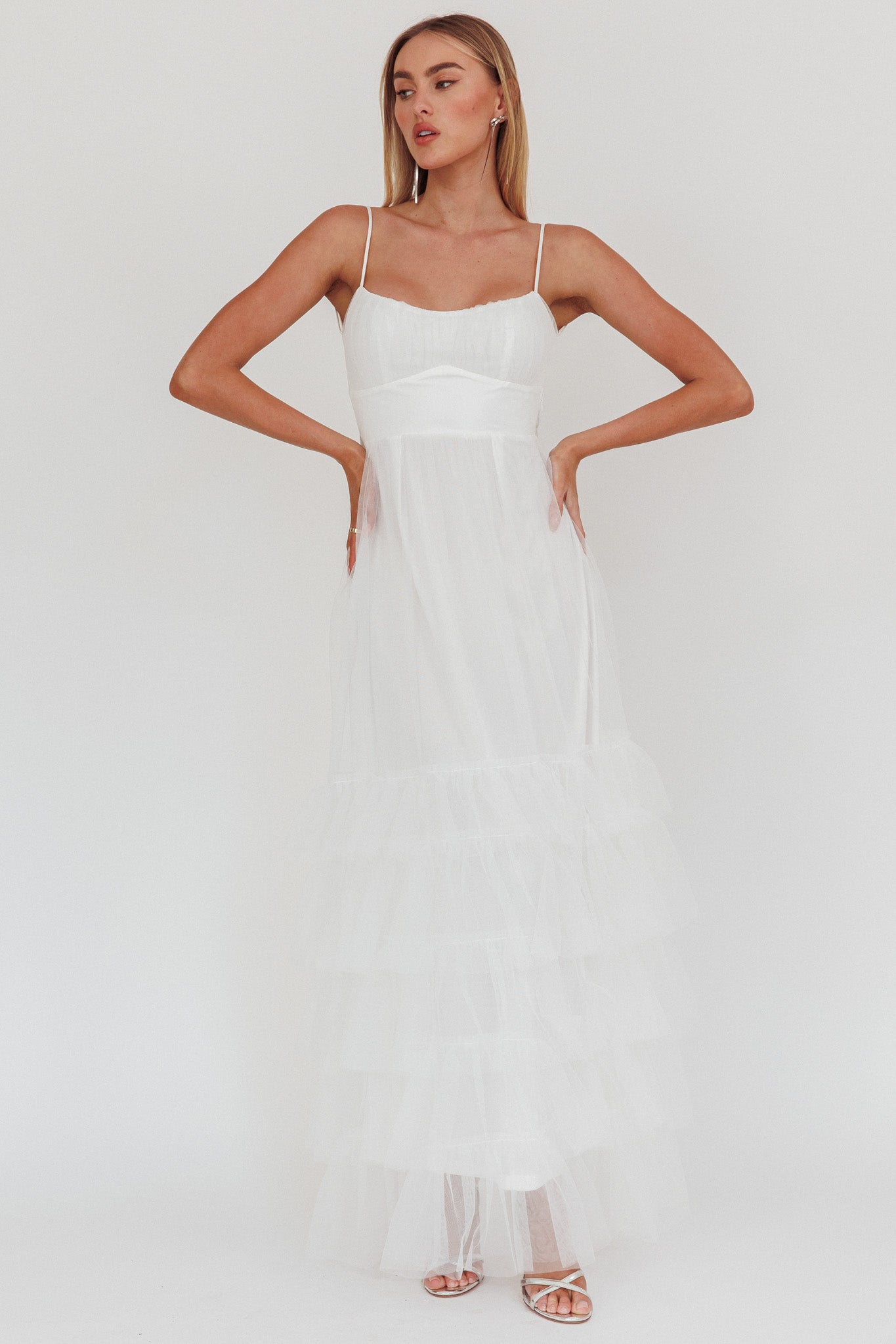 Nerida Twist Back Frill Trim Mesh Maxi Dress White-Maymioy