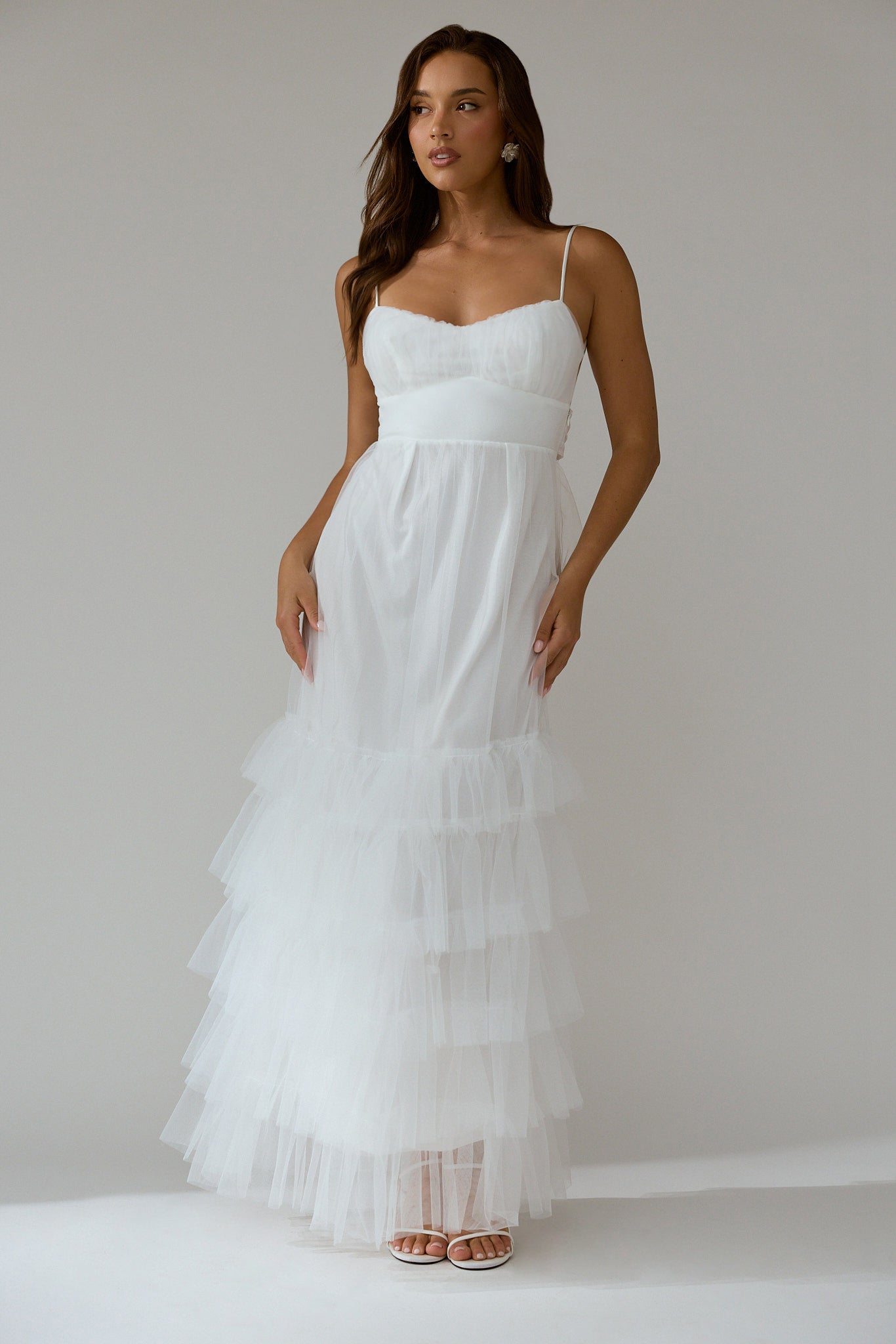Nerida Twist Back Frill Trim Mesh Maxi Dress White-Maymioy