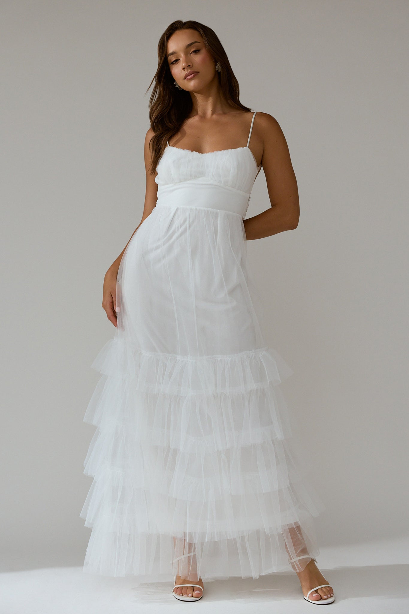 Nerida Twist Back Frill Trim Mesh Maxi Dress White-Maymioy