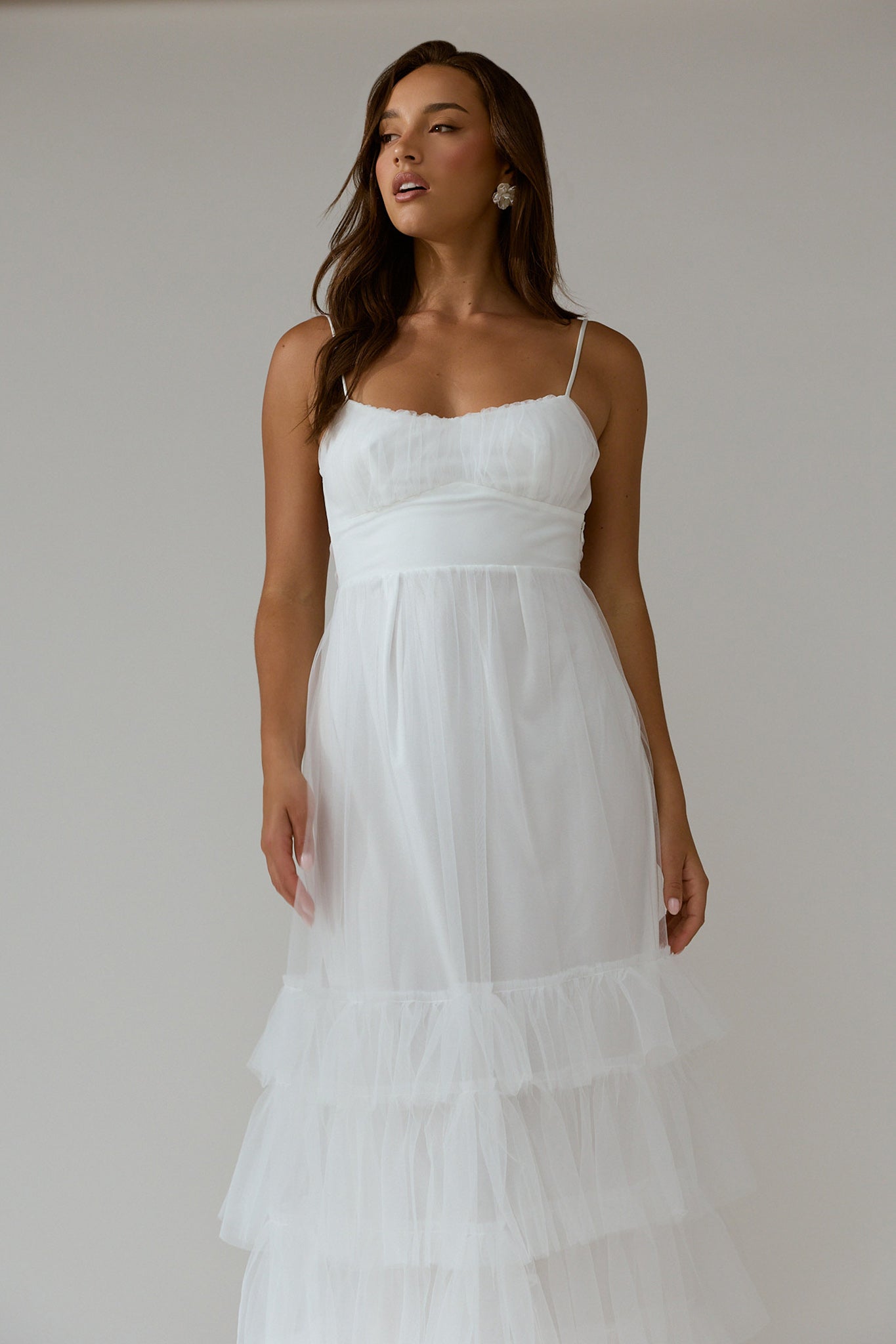 Nerida Twist Back Frill Trim Mesh Maxi Dress White-Maymioy