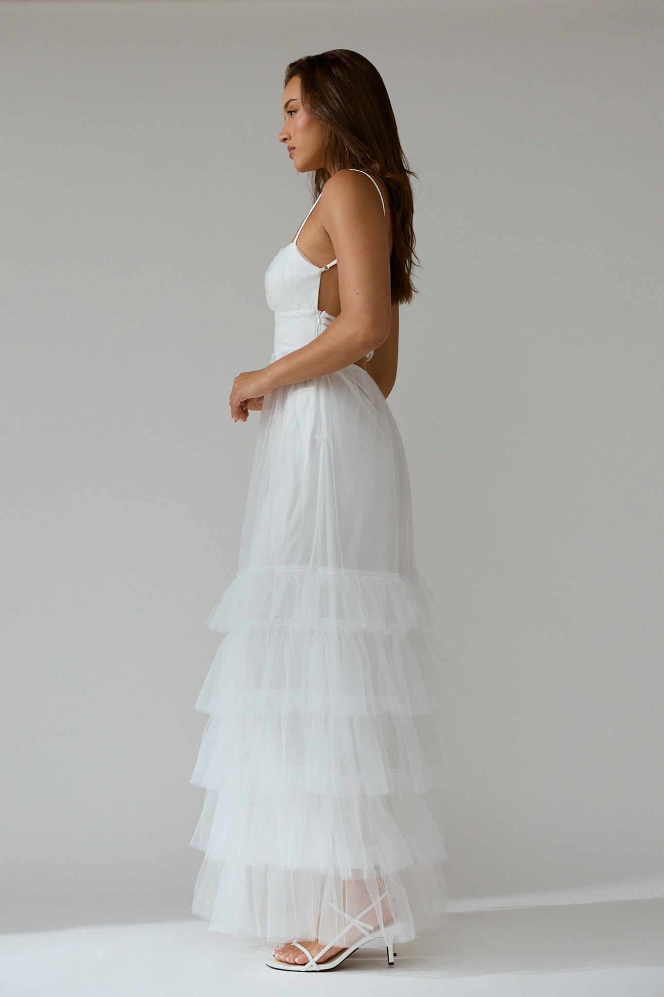 Nerida Twist Back Frill Trim Mesh Maxi Dress White-Maymioy