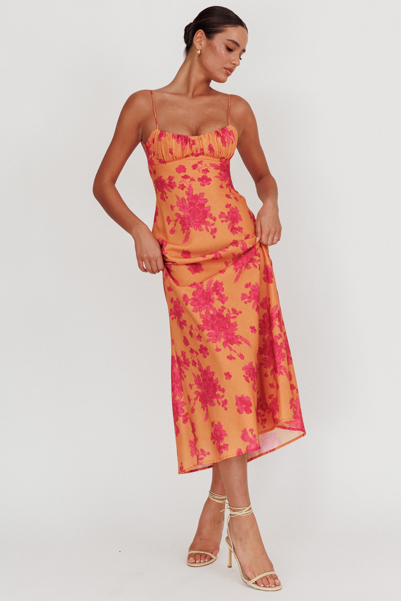 Nerida Low Back Twist Floral Maxi Dress Orange-Maymioy
