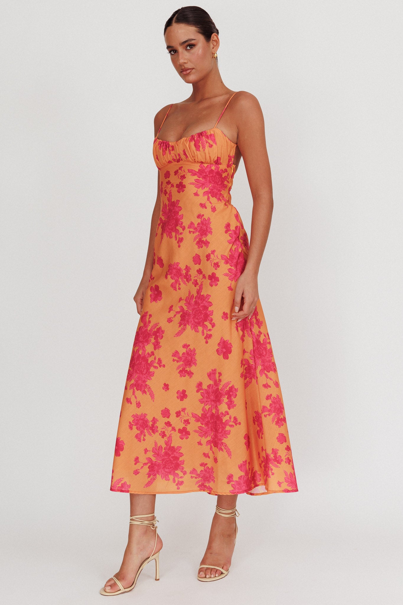 Nerida Low Back Twist Floral Maxi Dress Orange-Maymioy