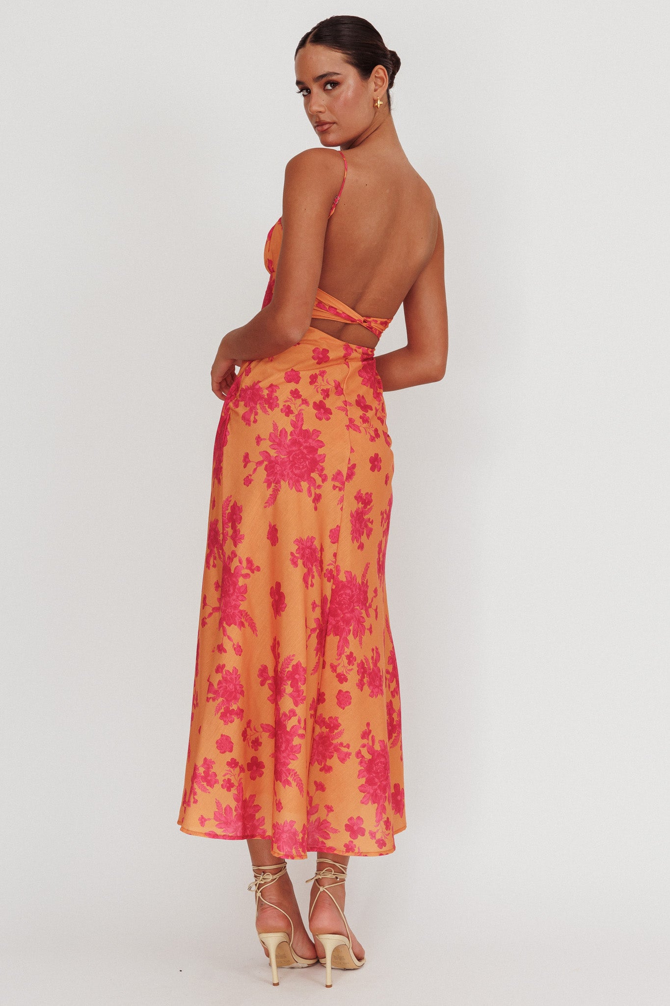 Nerida Low Back Twist Floral Maxi Dress Orange-Maymioy