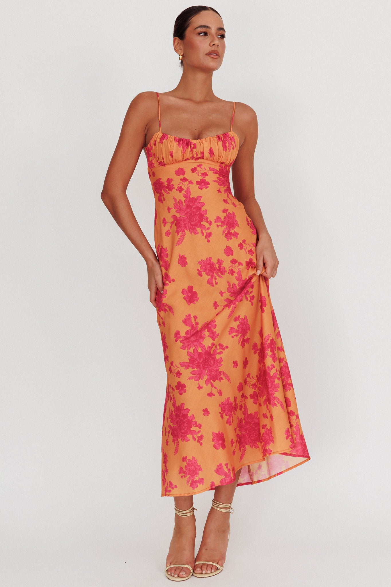 Nerida Low Back Twist Floral Maxi Dress Orange-Maymioy