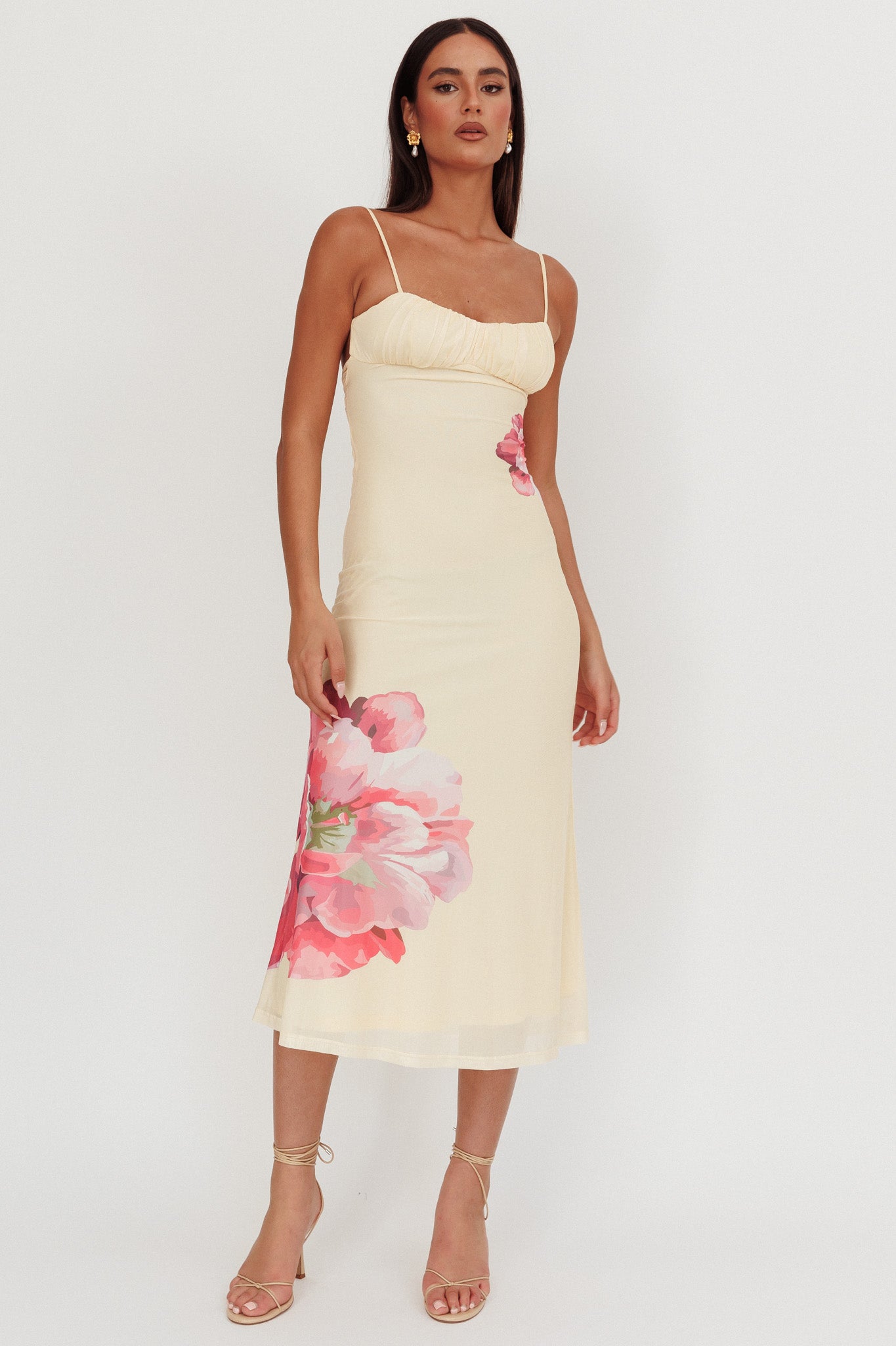 Nerida Gathered Bust Maxi Dress Flowers Yellow-Maymioy