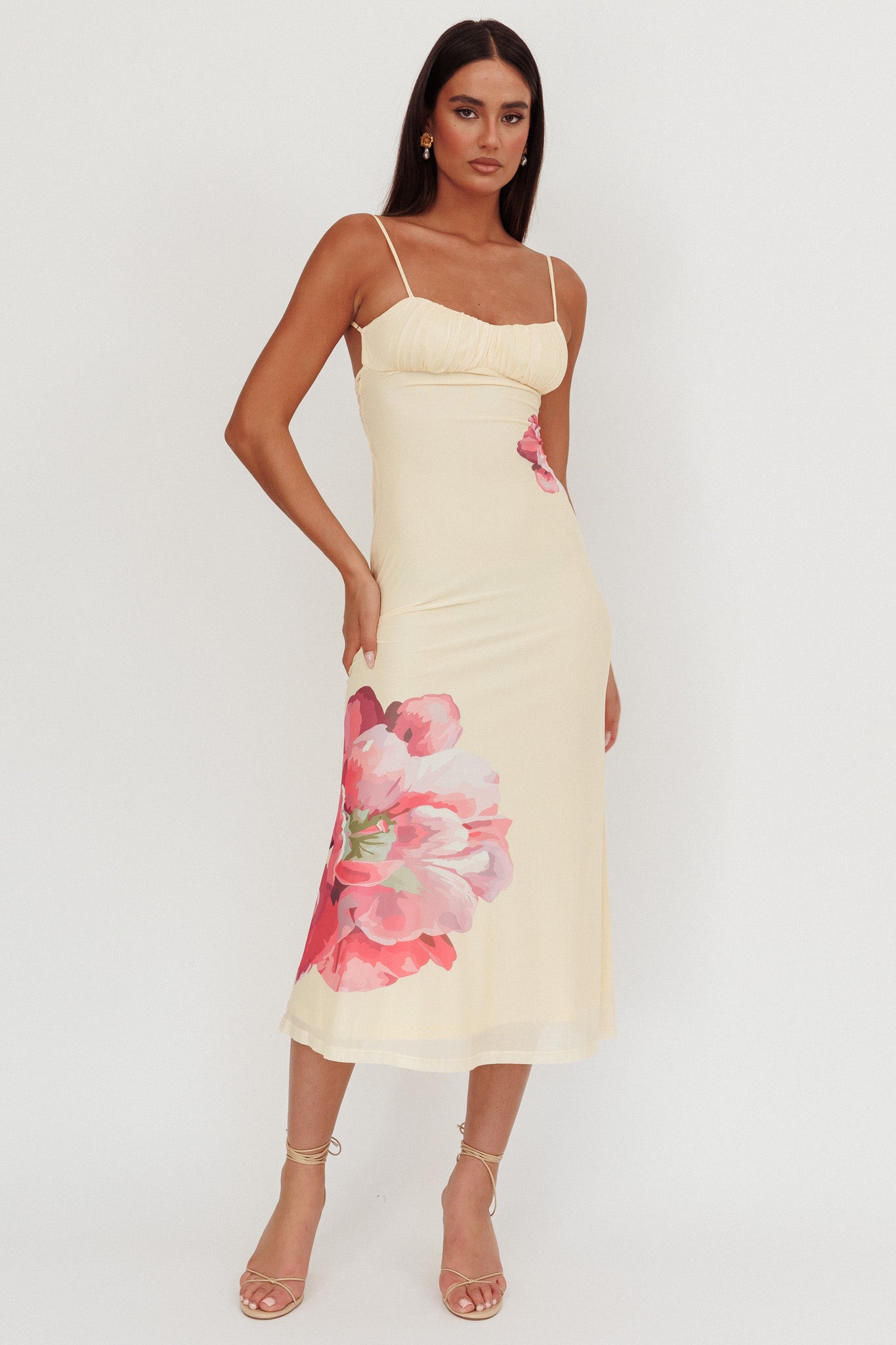 Nerida Gathered Bust Maxi Dress Flowers Yellow-Maymioy