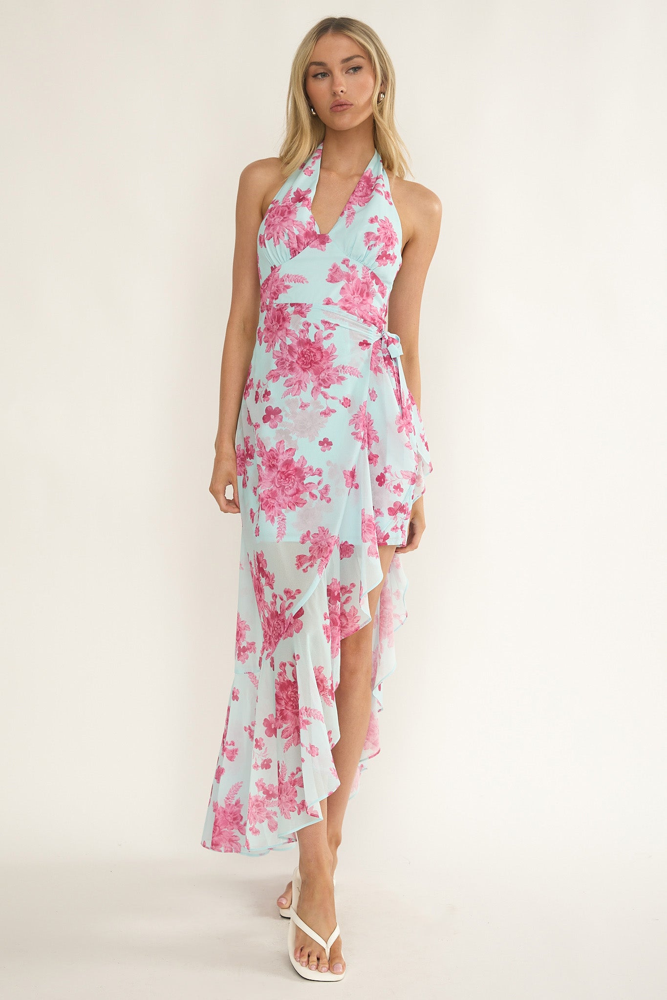 Nerida Waist Tie Asymmetric Dress Floral Ice Blue-Maymioy