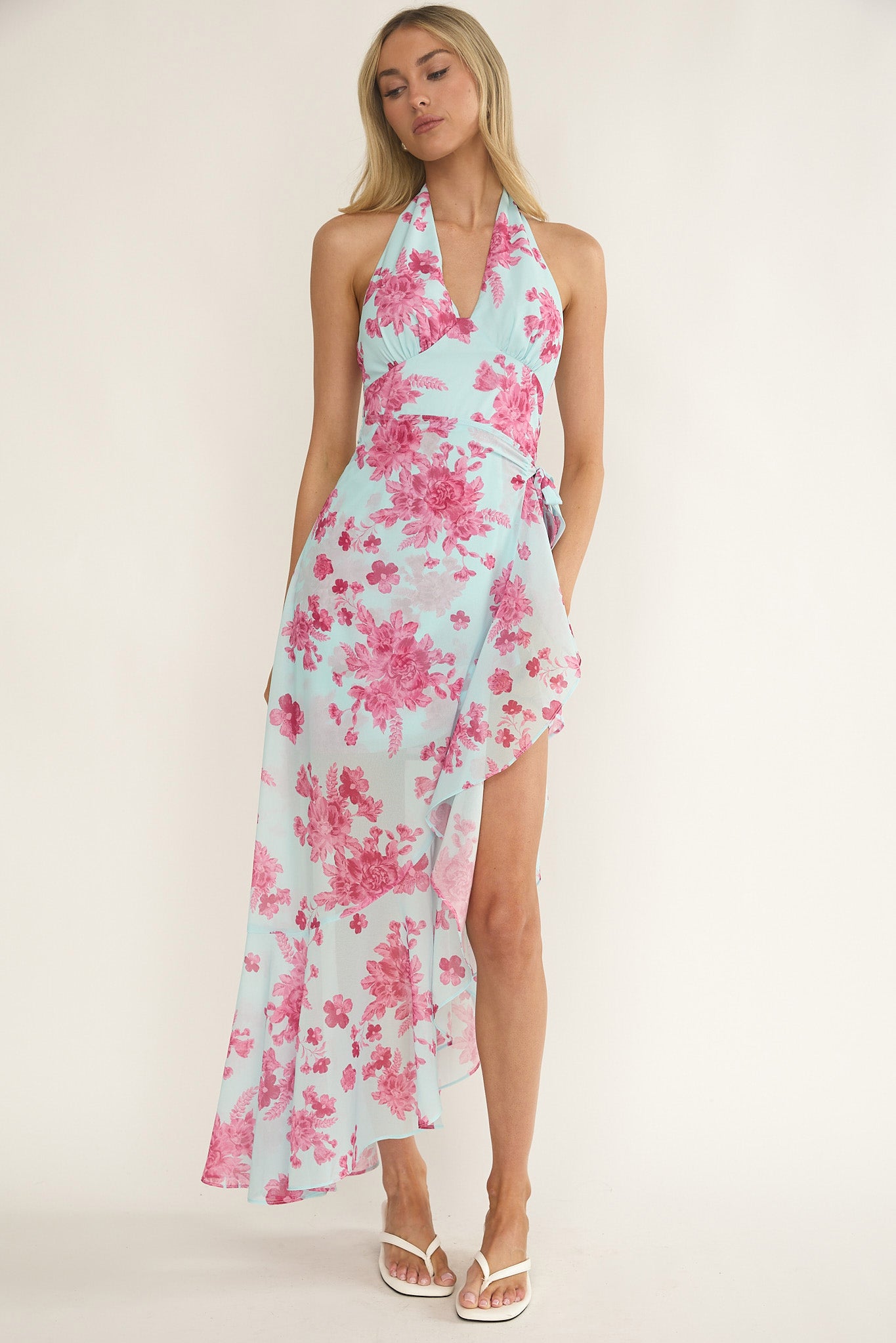 Nerida Waist Tie Asymmetric Dress Floral Ice Blue-Maymioy
