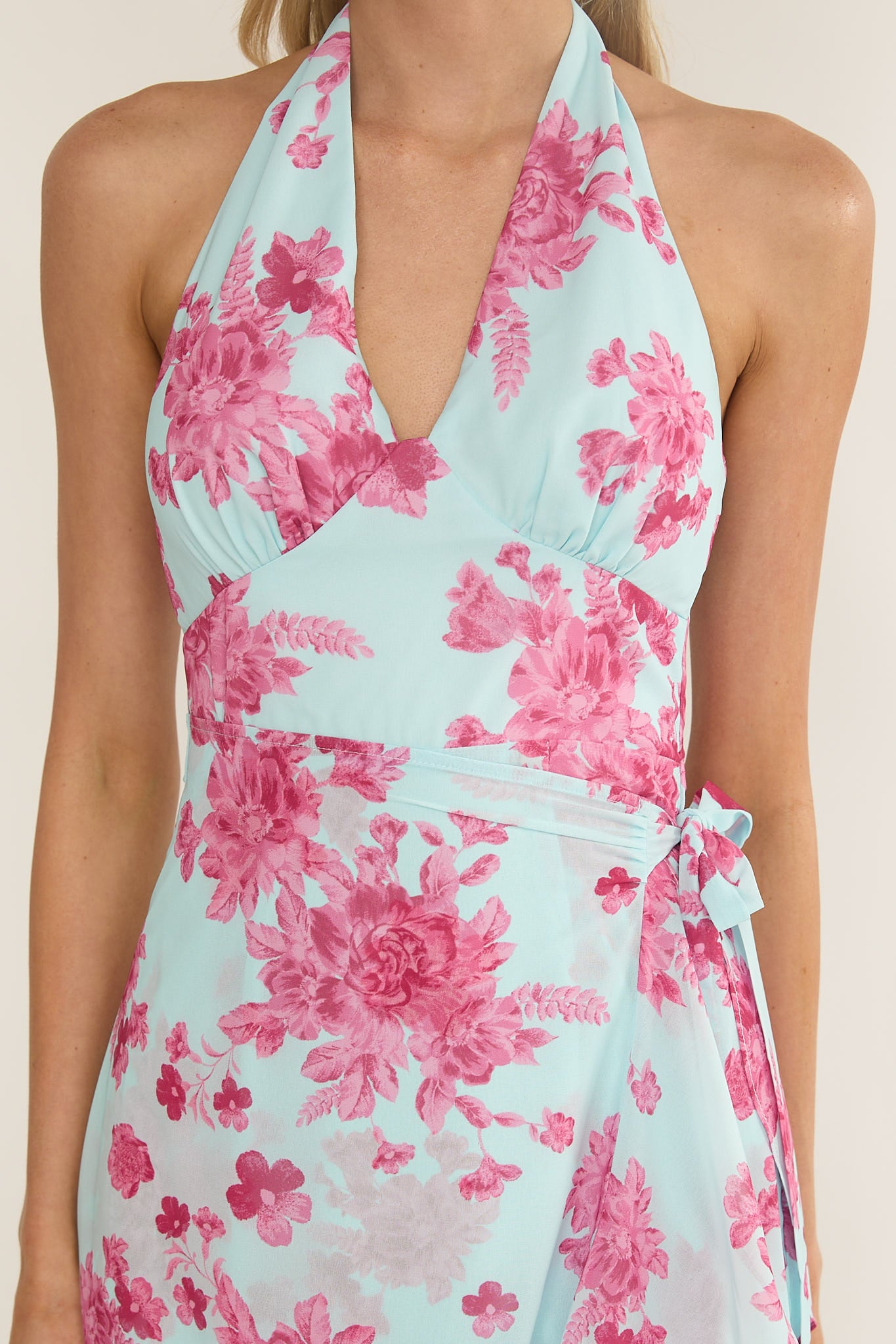 Nerida Waist Tie Asymmetric Dress Floral Ice Blue-Maymioy