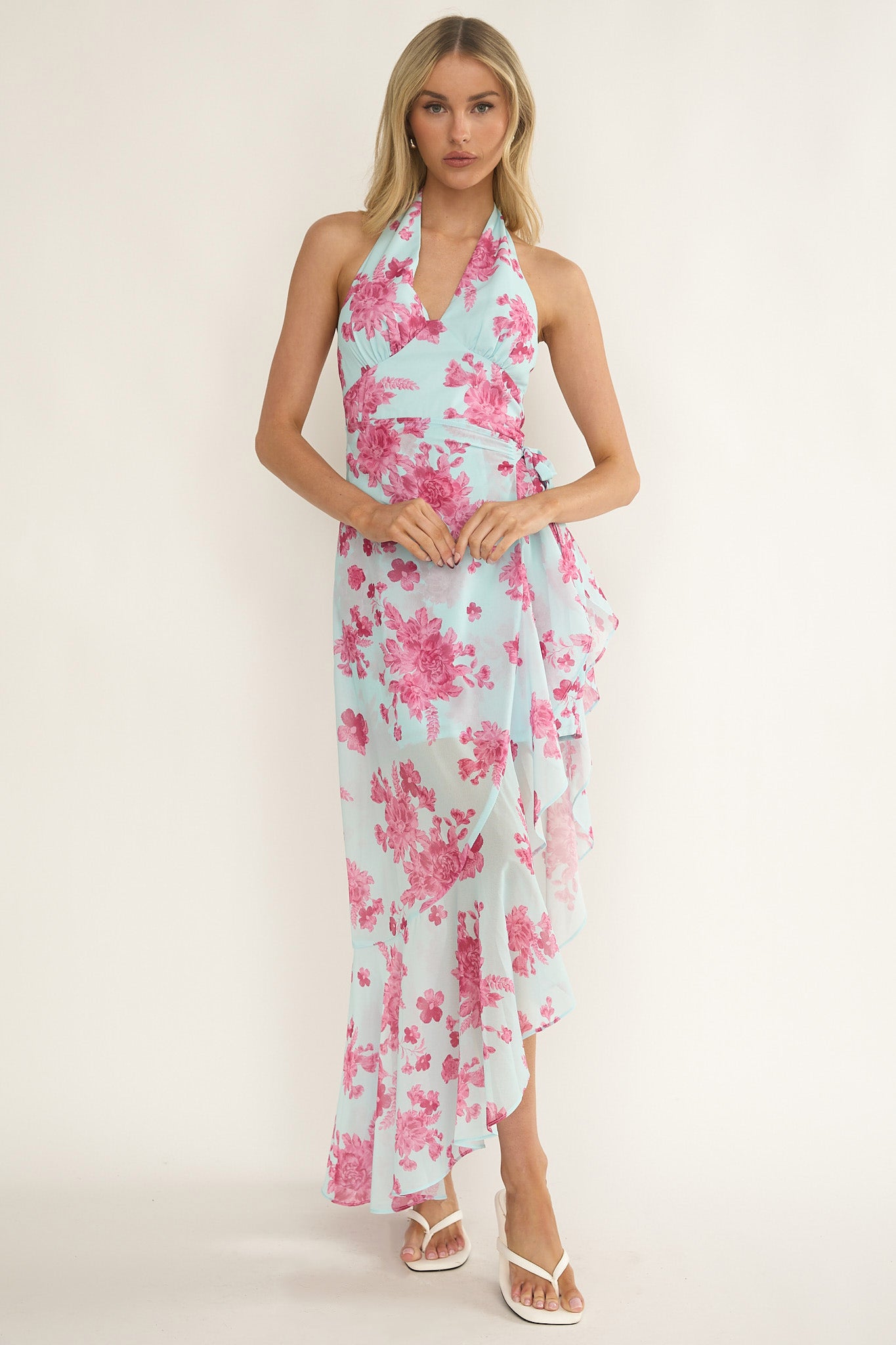 Nerida Waist Tie Asymmetric Dress Floral Ice Blue-Maymioy