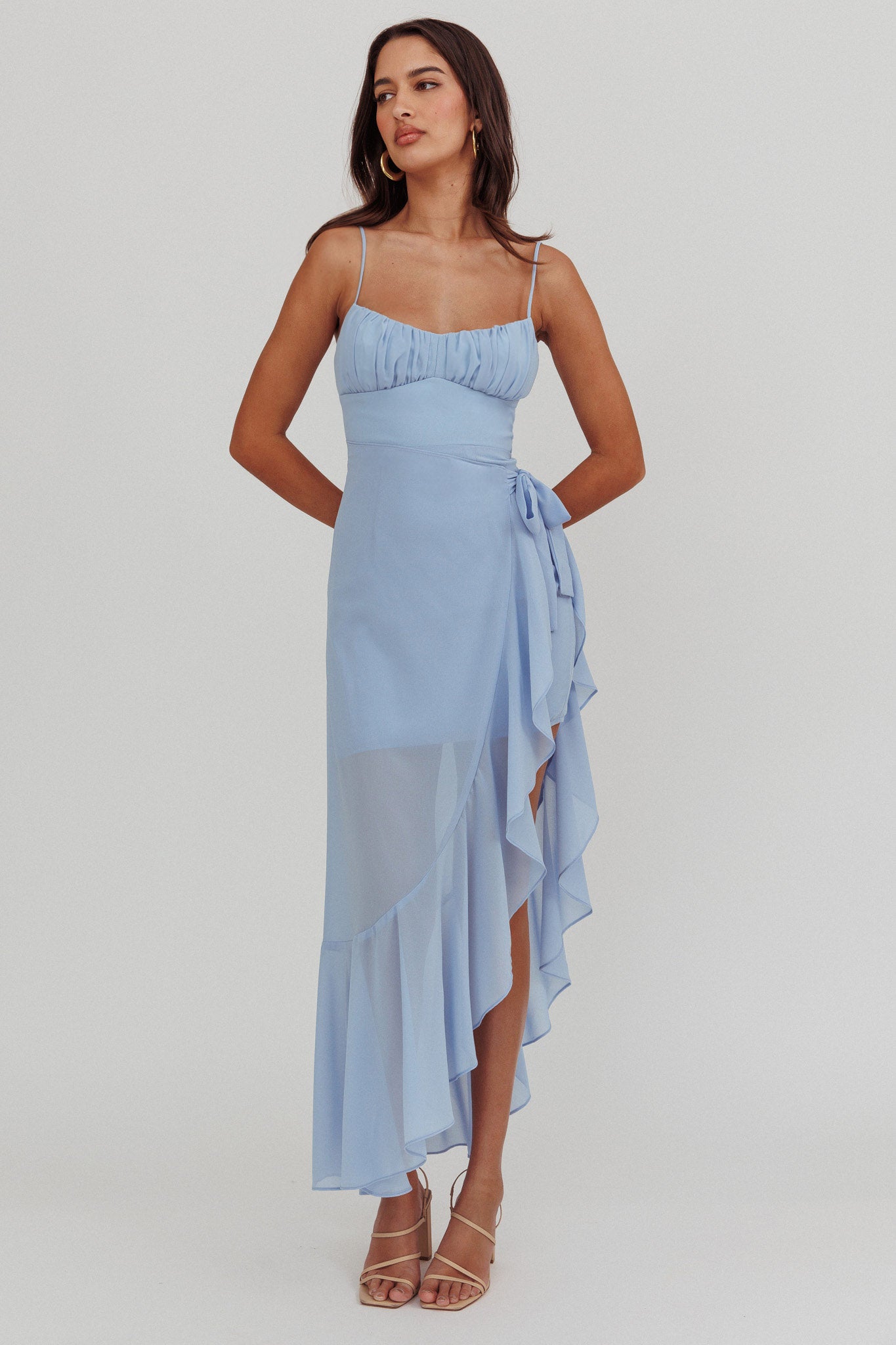 Nerida Waist Tie Asymmetric Dress Steel Blue-Maymioy