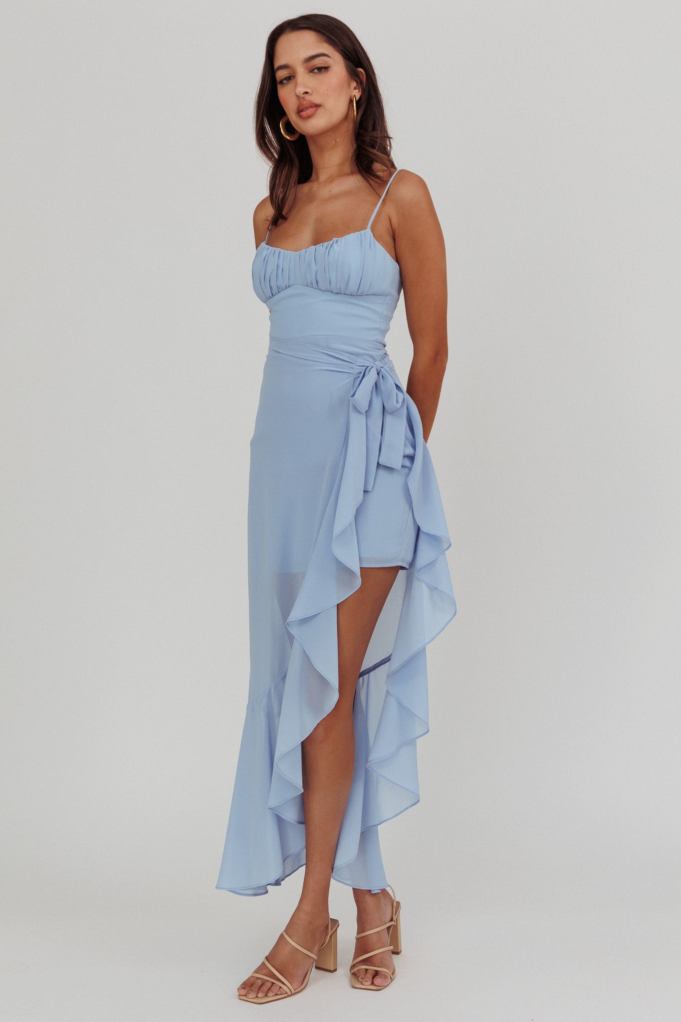 Nerida Waist Tie Asymmetric Dress Steel Blue-Maymioy