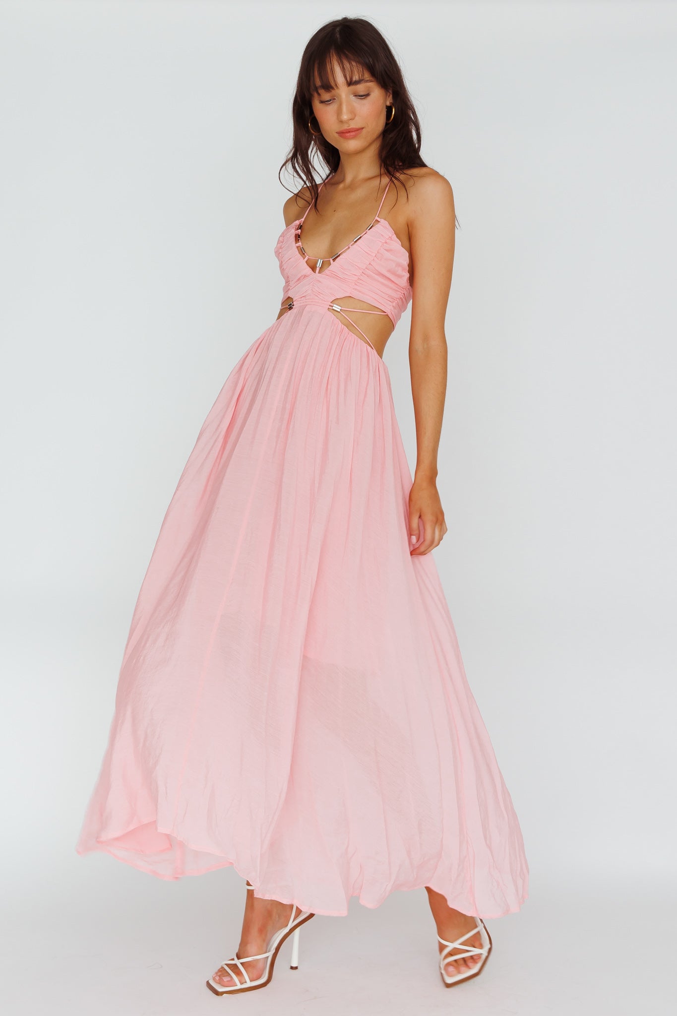 Tenyl Open Back Strappy Midi Dress Blush-Maymioy