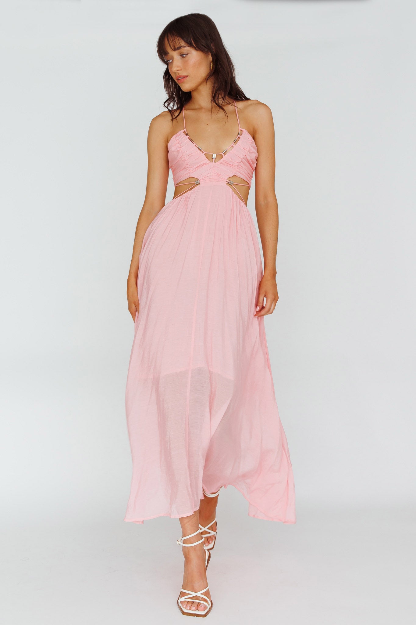 Tenyl Open Back Strappy Midi Dress Blush-Maymioy