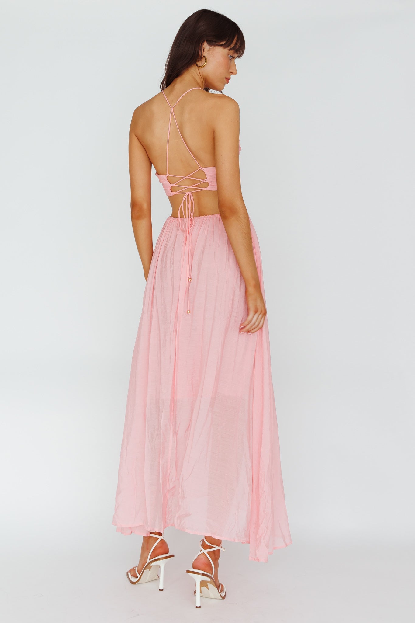 Tenyl Open Back Strappy Midi Dress Blush-Maymioy