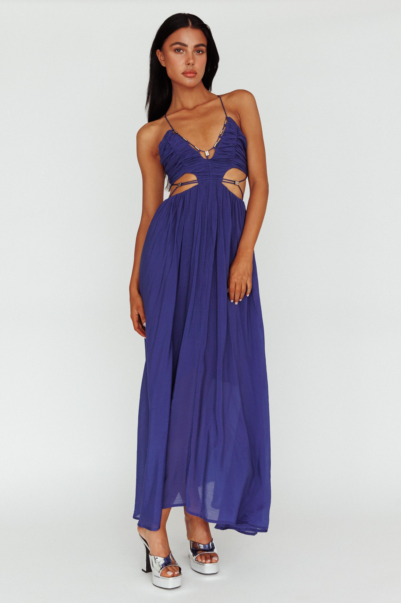 Tenyl Open Back Strappy Midi Dress Navy-Maymioy