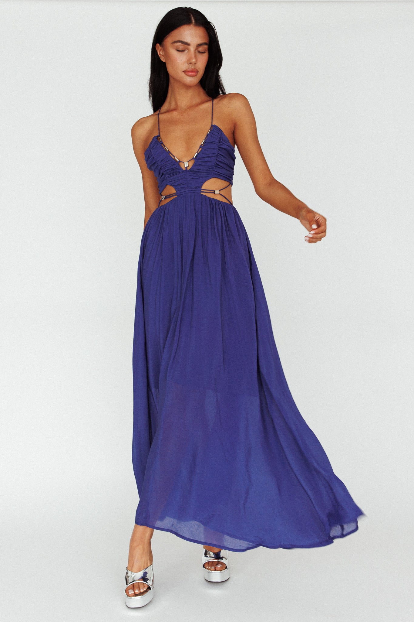 Tenyl Open Back Strappy Midi Dress Navy-Maymioy