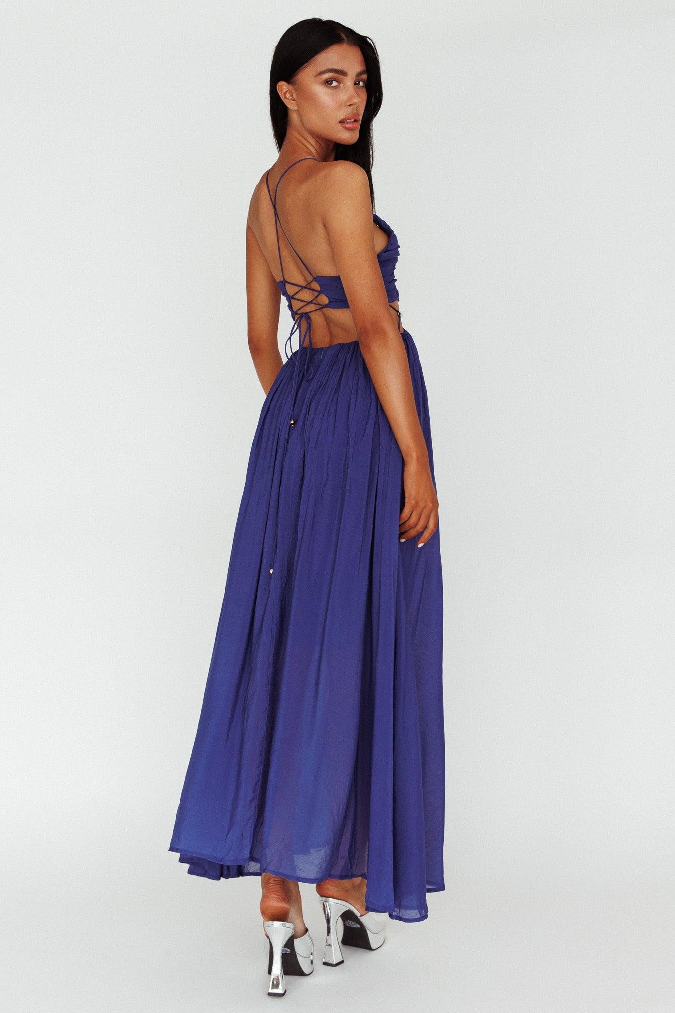 Tenyl Open Back Strappy Midi Dress Navy-Maymioy