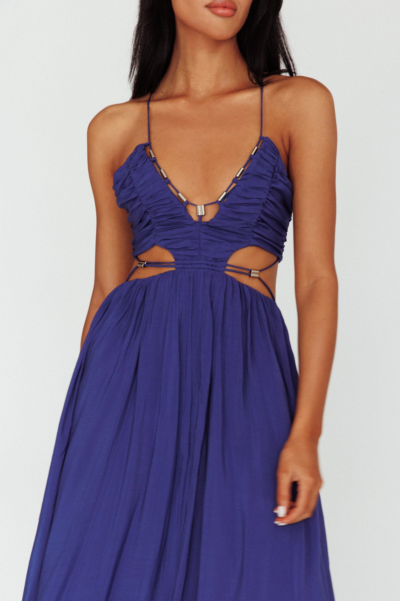 Tenyl Open Back Strappy Midi Dress Navy-Maymioy