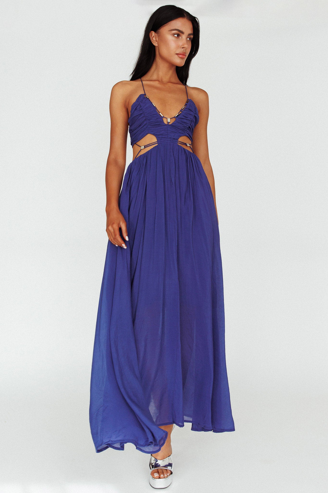 Tenyl Open Back Strappy Midi Dress Navy-Maymioy