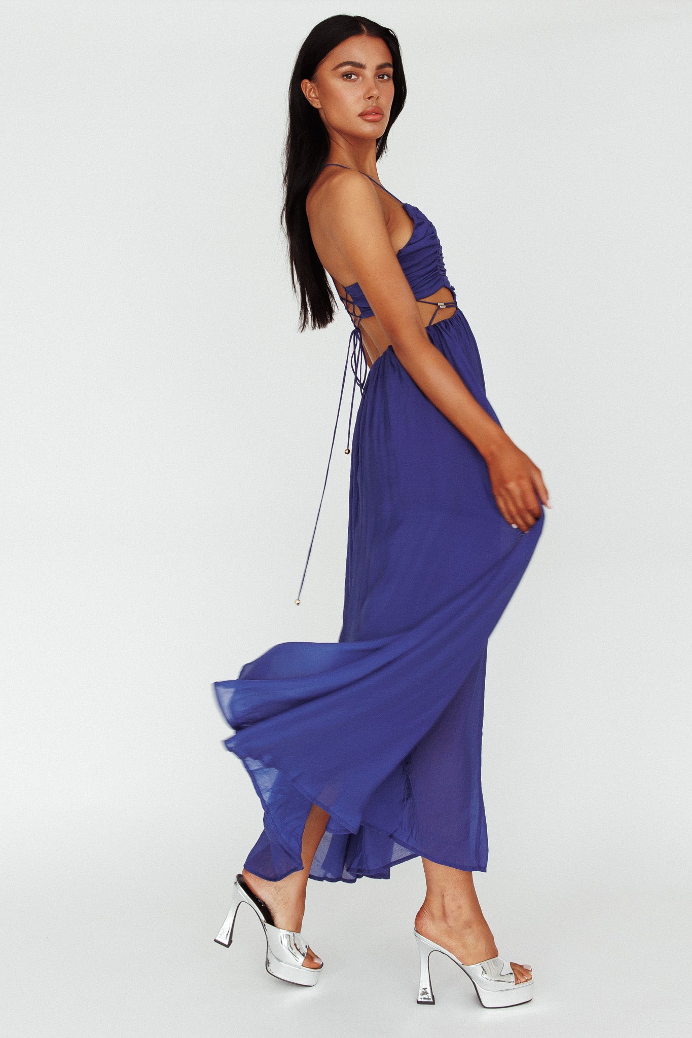 Tenyl Open Back Strappy Midi Dress Navy-Maymioy