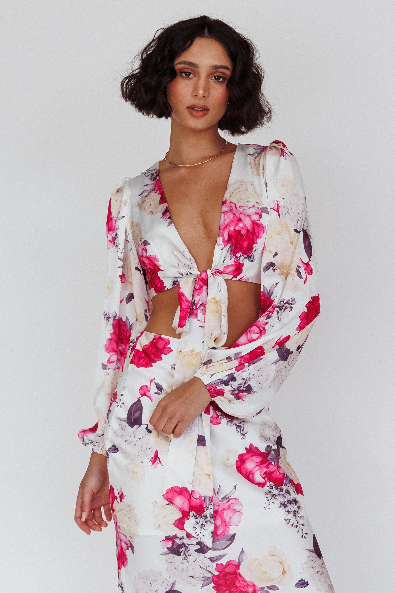 Meet Me In Fiji Tied Top Floral Pink-Maymioy