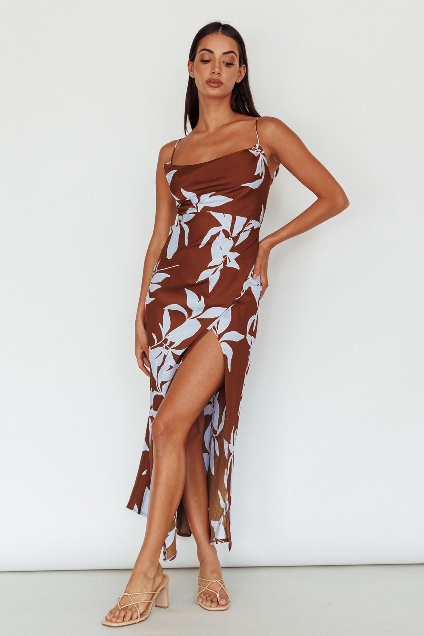 Morea Cowl Neck Maxi Dress Floral Brown-Maymioy