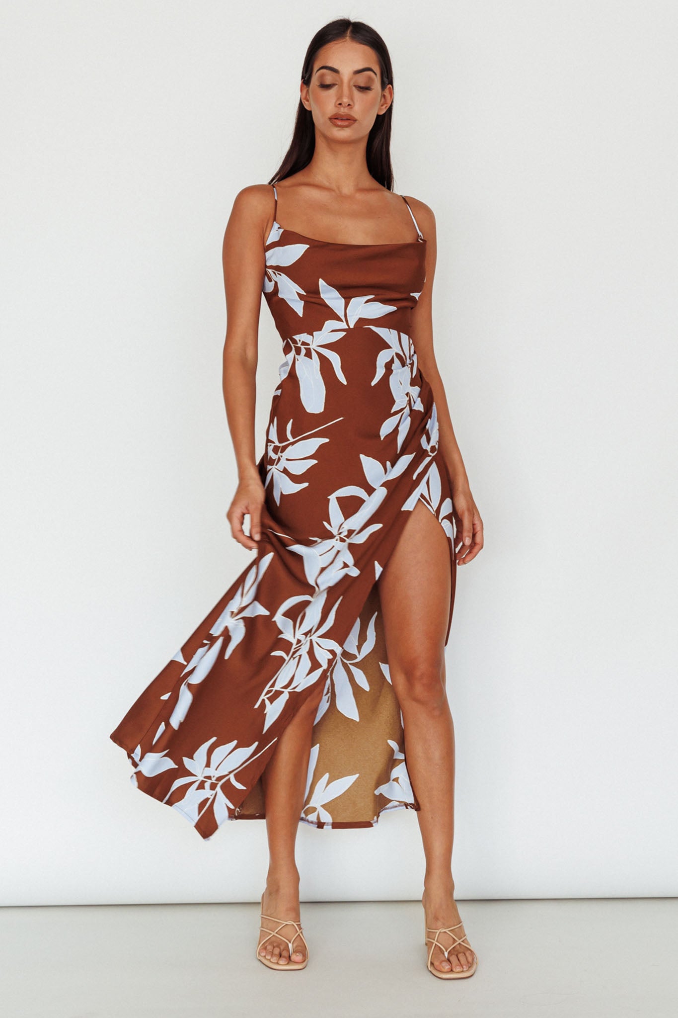 Morea Cowl Neck Maxi Dress Floral Brown-Maymioy