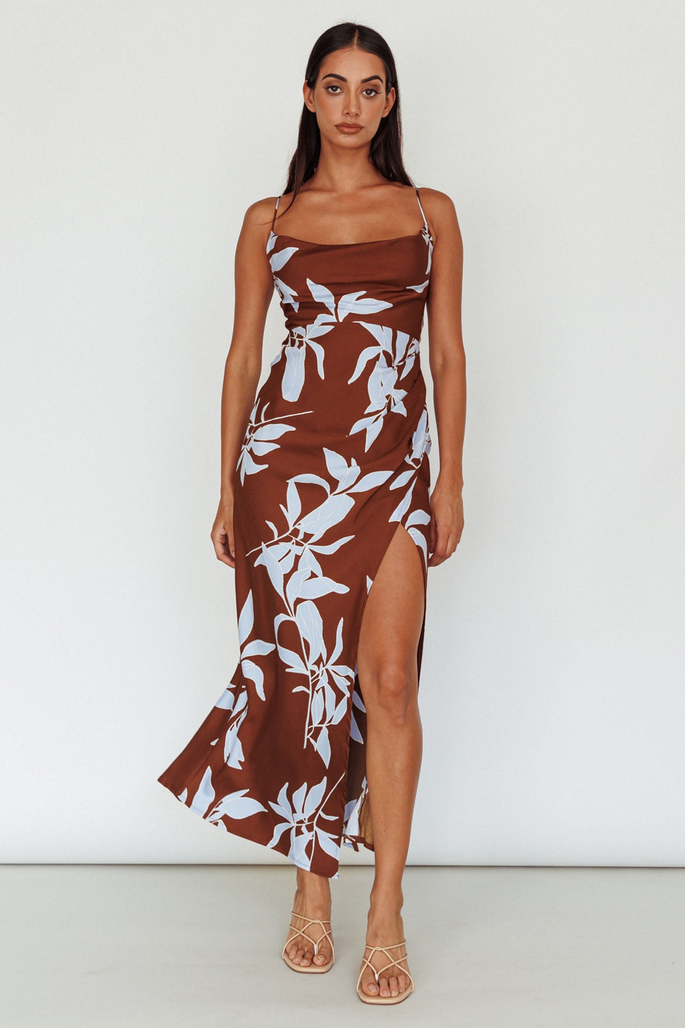 Morea Cowl Neck Maxi Dress Floral Brown-Maymioy