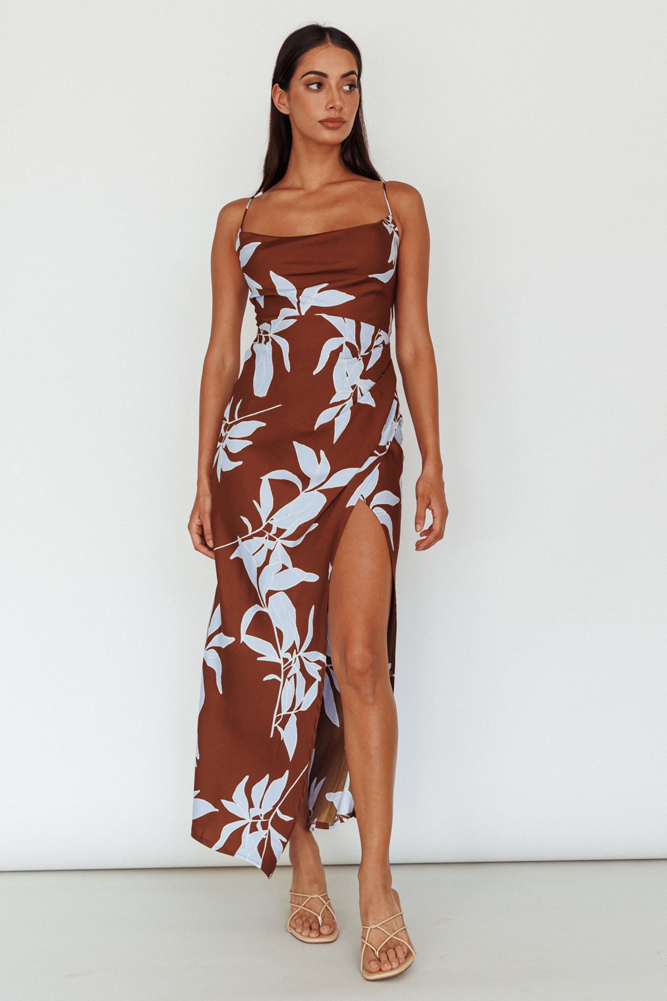 Morea Cowl Neck Maxi Dress Floral Brown-Maymioy