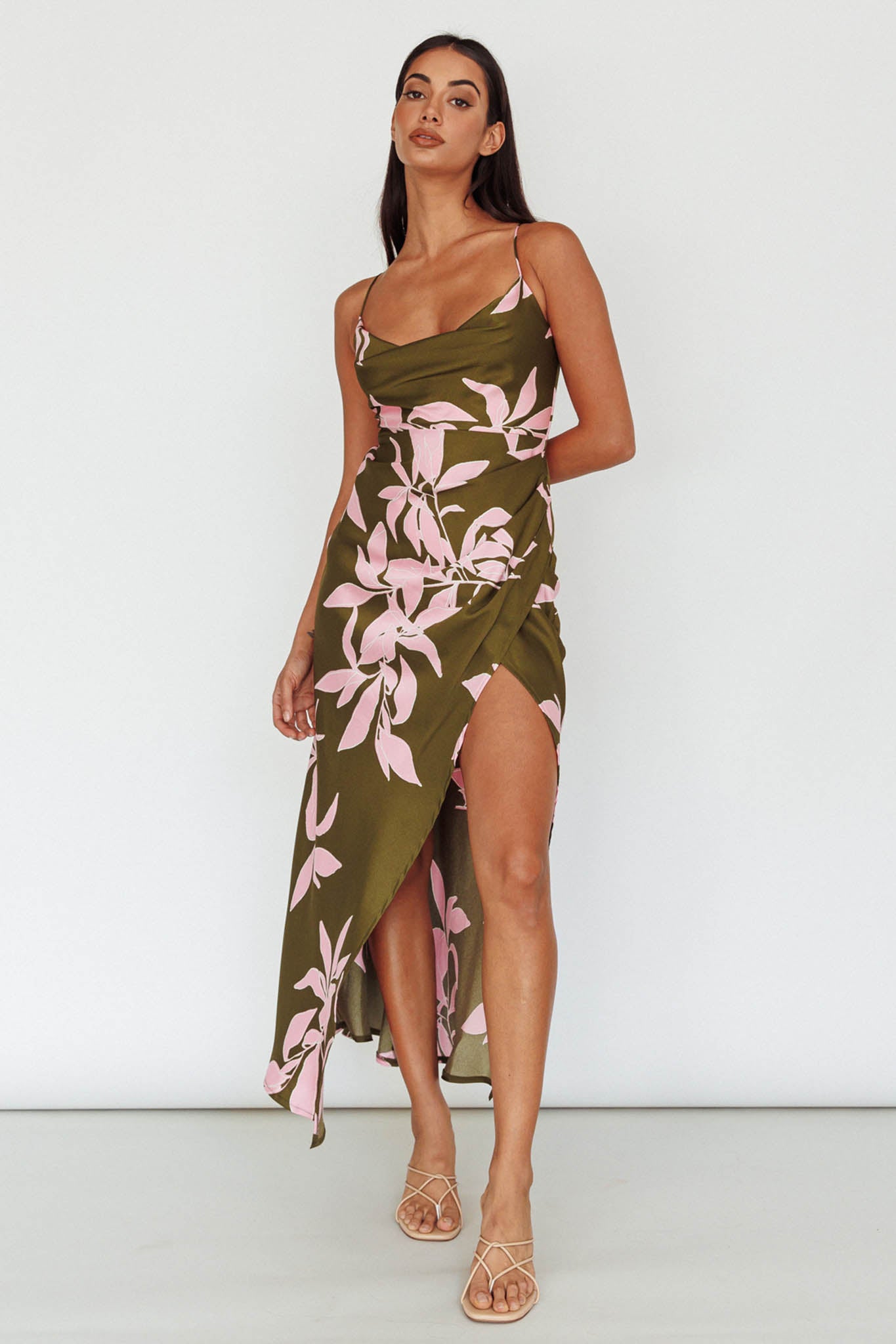 Morea Cowl Neck Maxi Dress Floral Green-Maymioy
