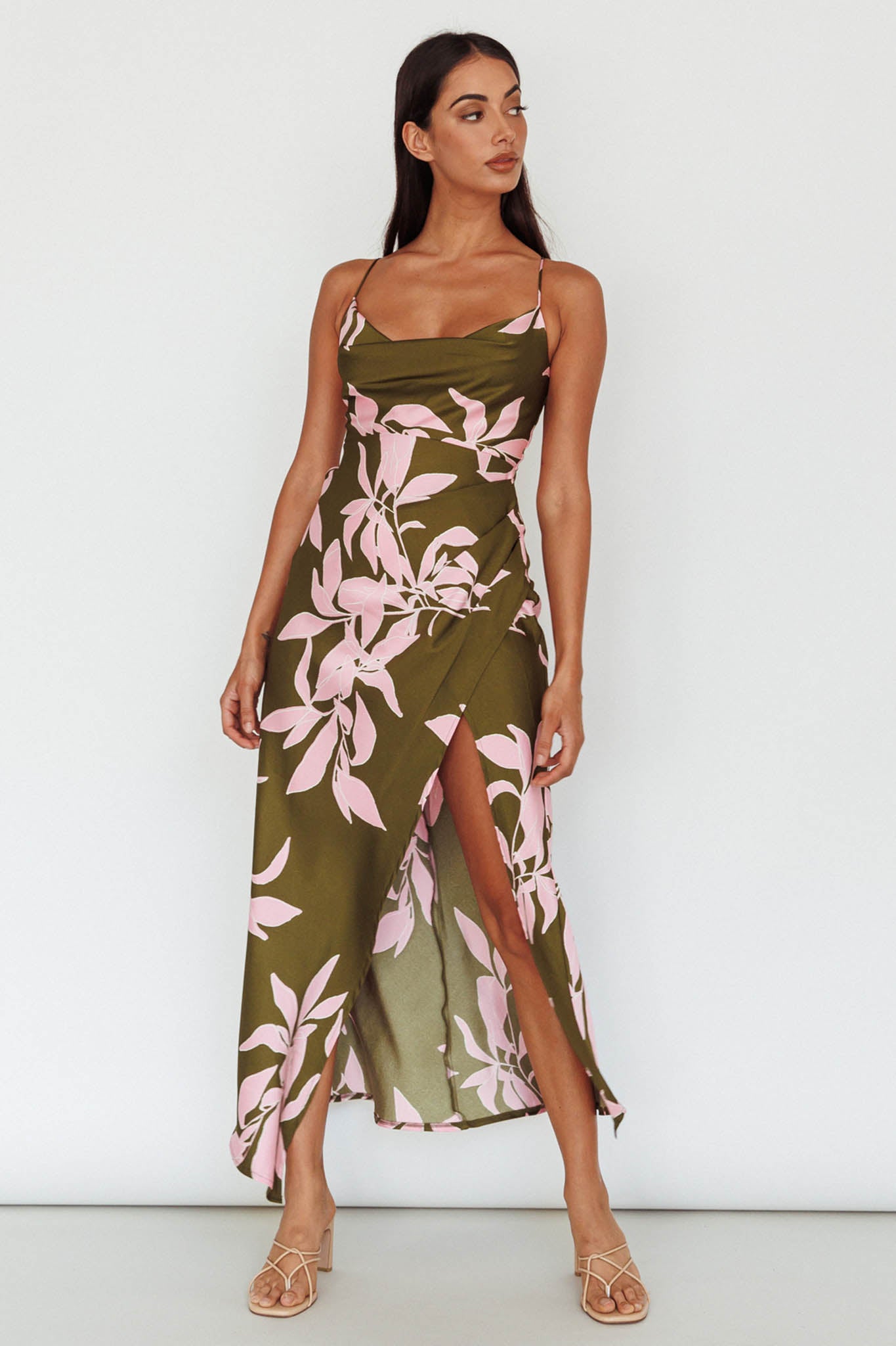 Morea Cowl Neck Maxi Dress Floral Green-Maymioy
