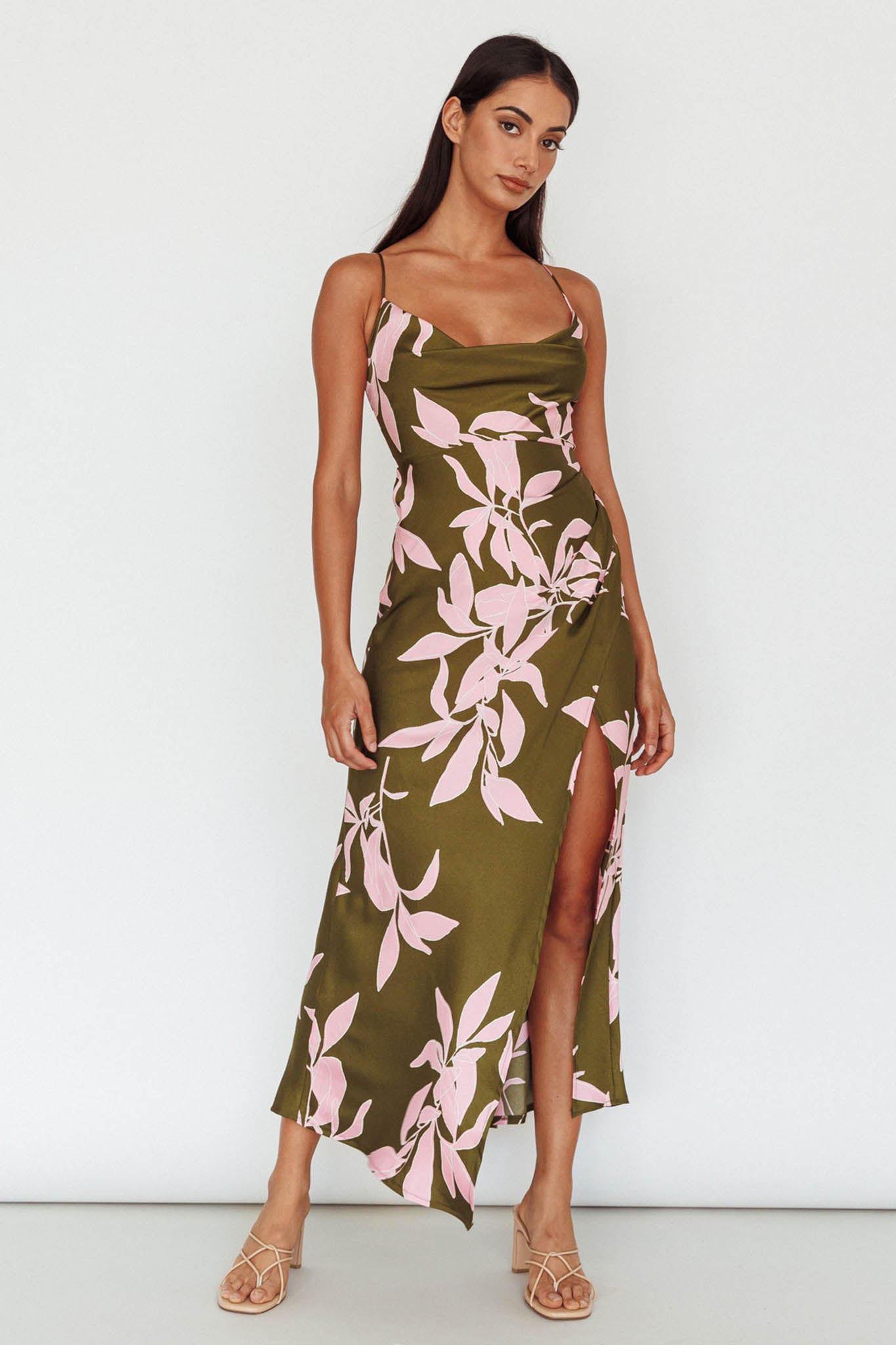 Morea Cowl Neck Maxi Dress Floral Green-Maymioy