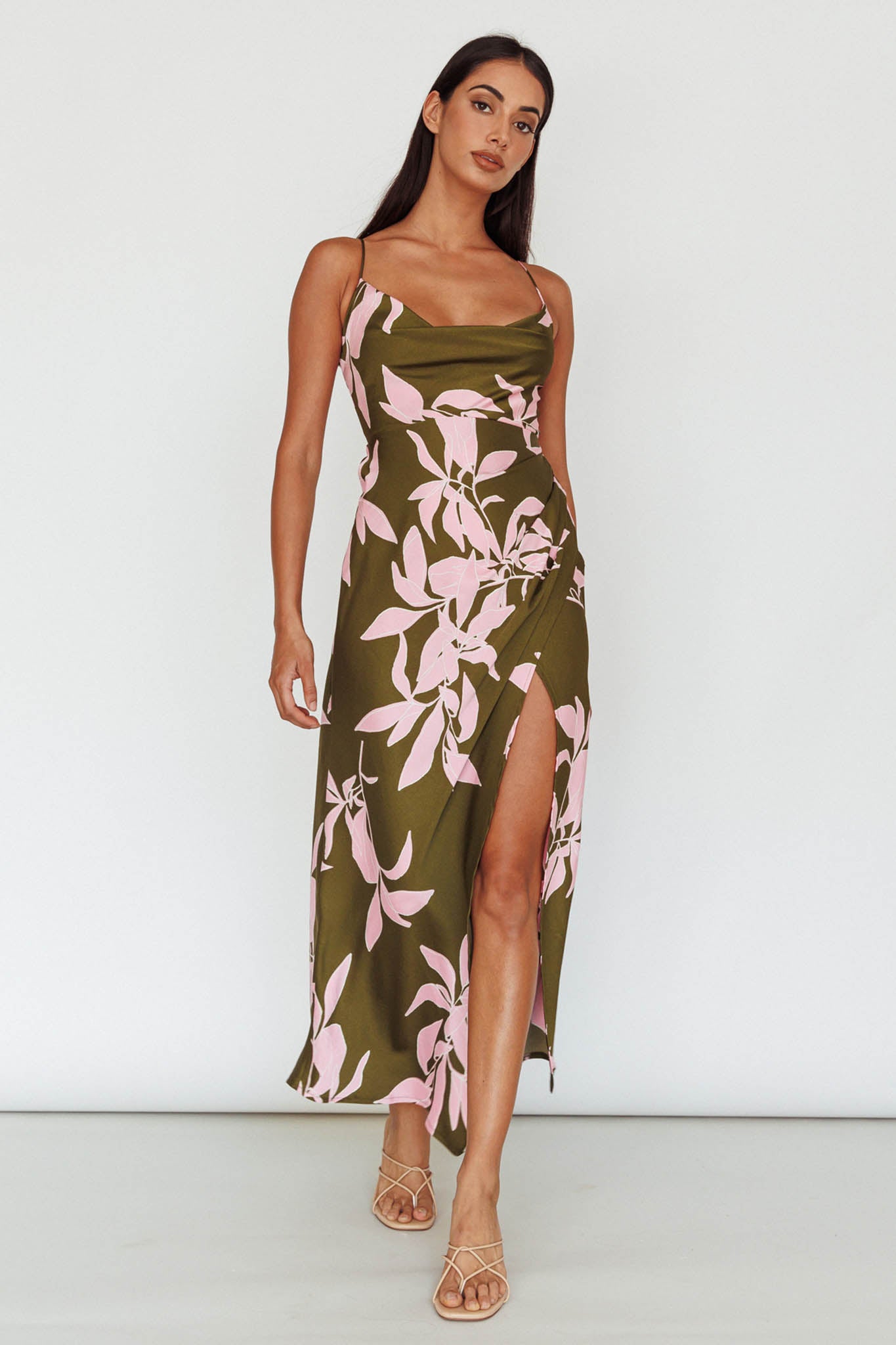 Morea Cowl Neck Maxi Dress Floral Green-Maymioy