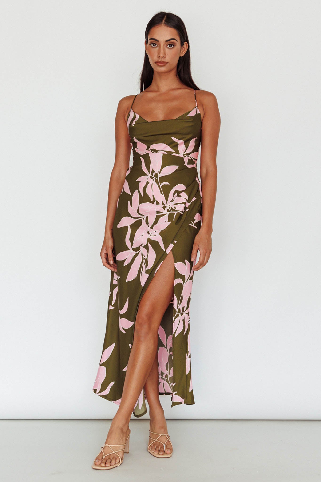 Morea Cowl Neck Maxi Dress Floral Green-Maymioy