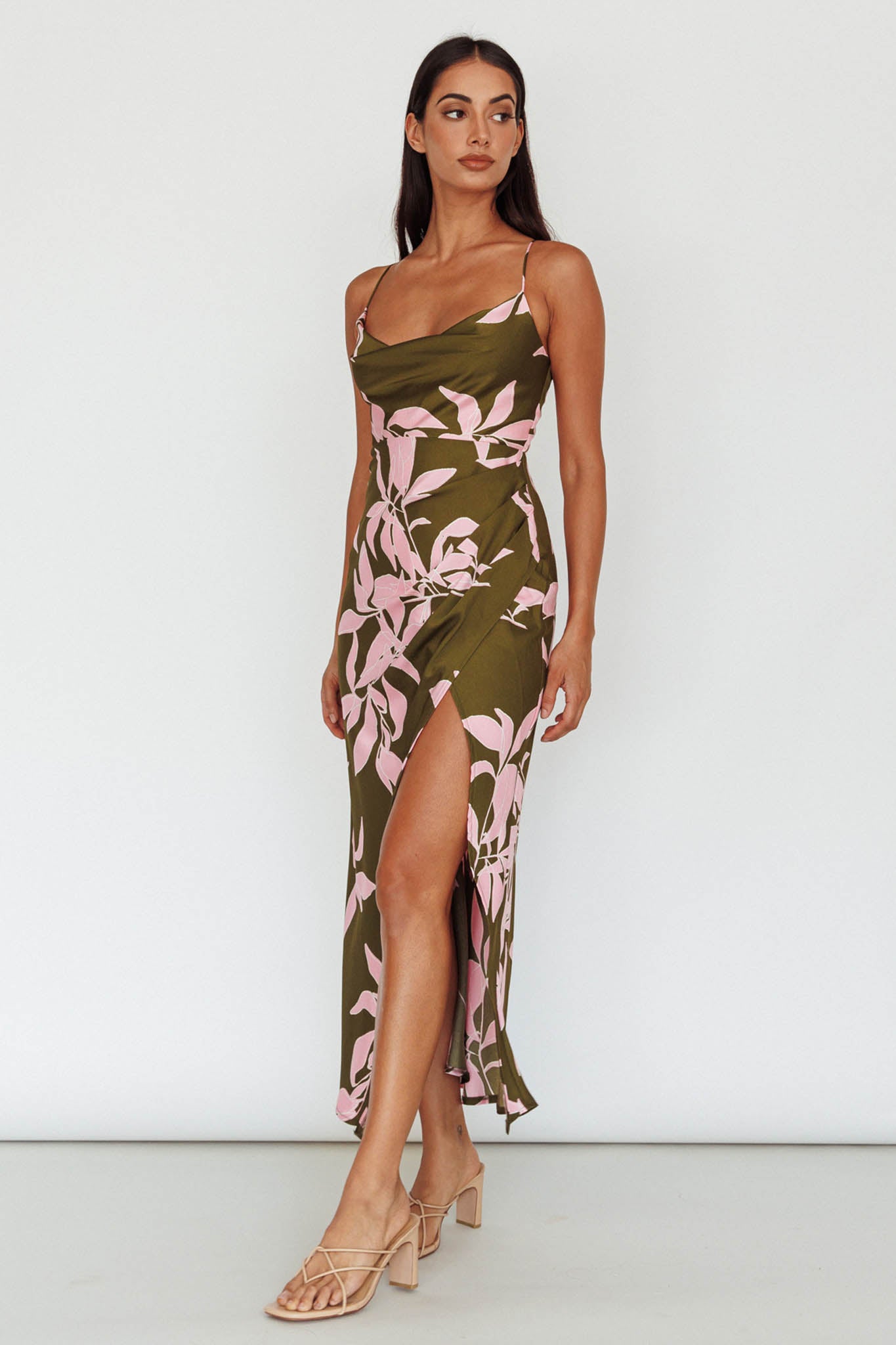 Morea Cowl Neck Maxi Dress Floral Green-Maymioy