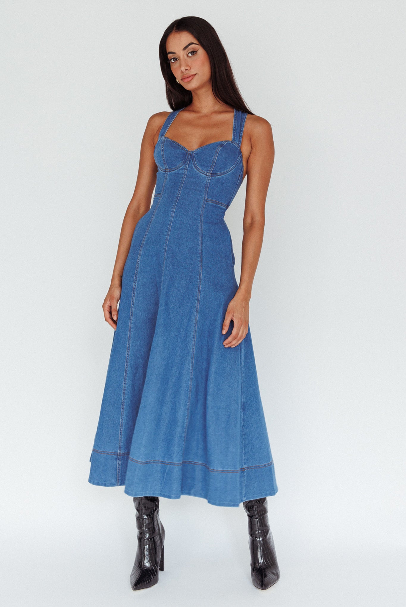 Ellora Criss-Cross Back Denim Maxi Dress Navy-Maymioy