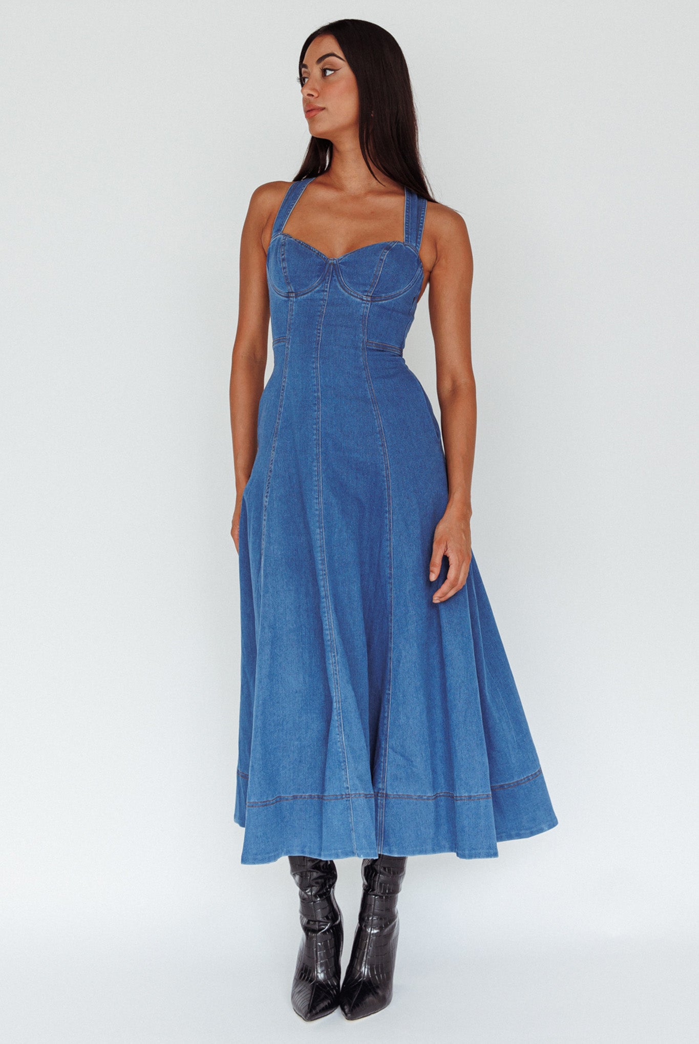 Ellora Criss-Cross Back Denim Maxi Dress Navy-Maymioy