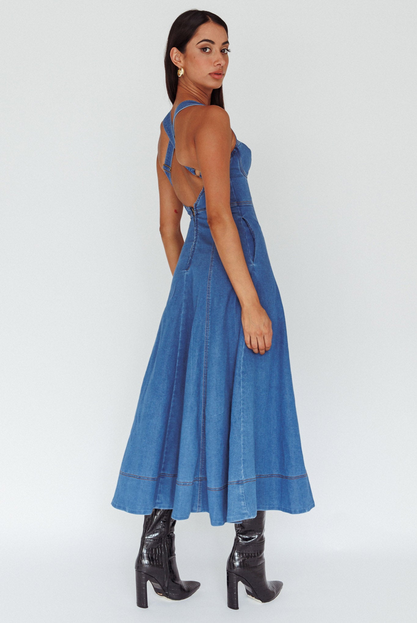 Ellora Criss-Cross Back Denim Maxi Dress Navy-Maymioy
