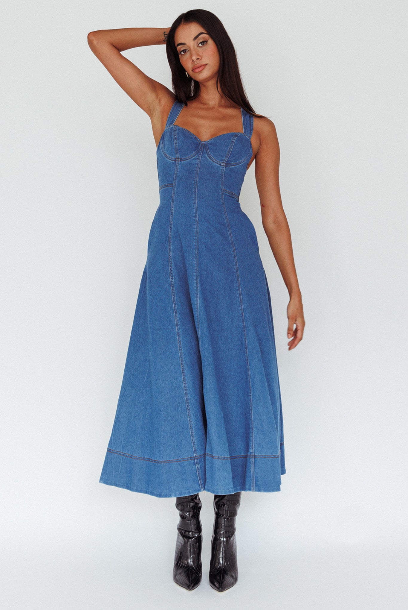 Ellora Criss-Cross Back Denim Maxi Dress Navy-Maymioy