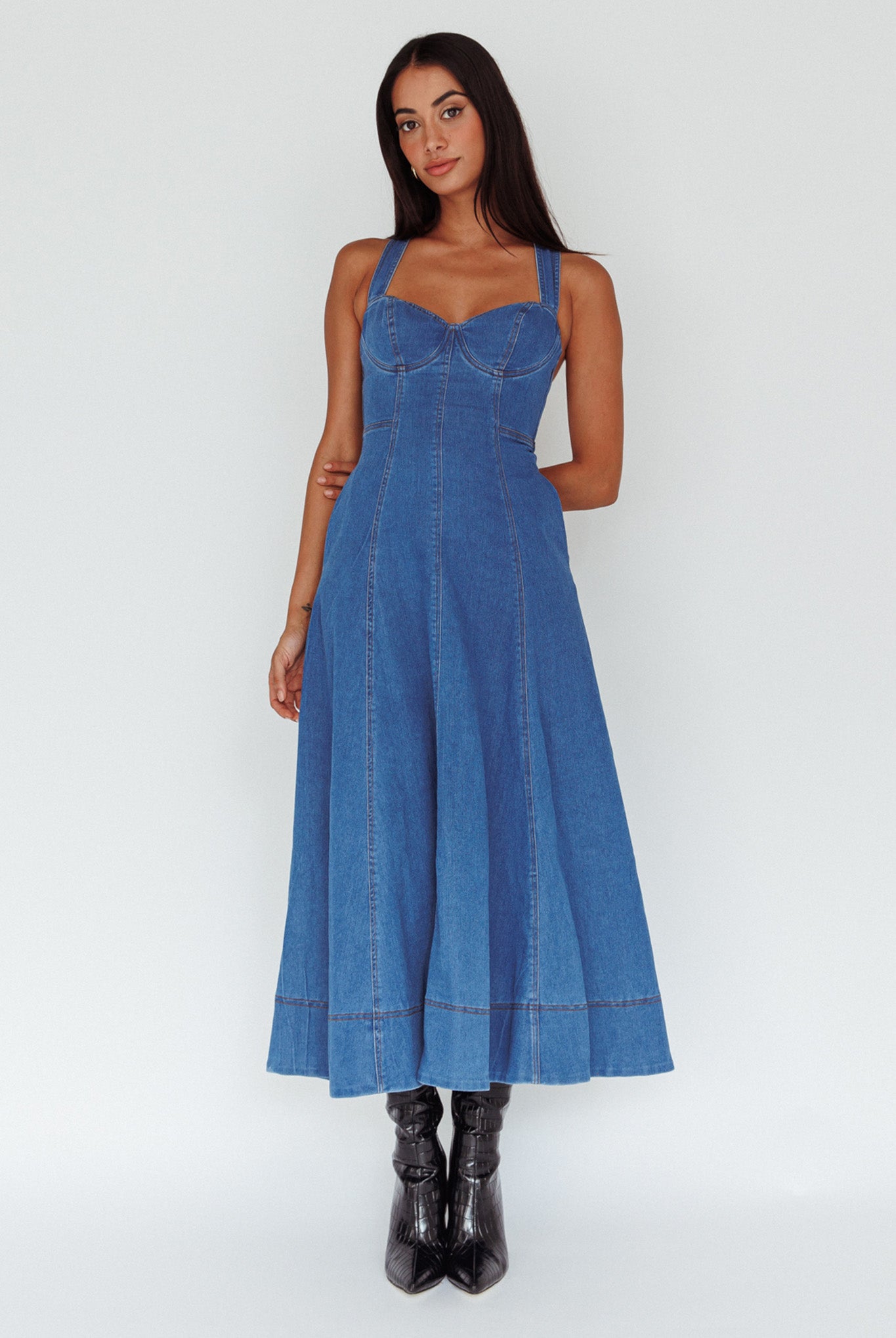 Ellora Criss-Cross Back Denim Maxi Dress Navy-Maymioy