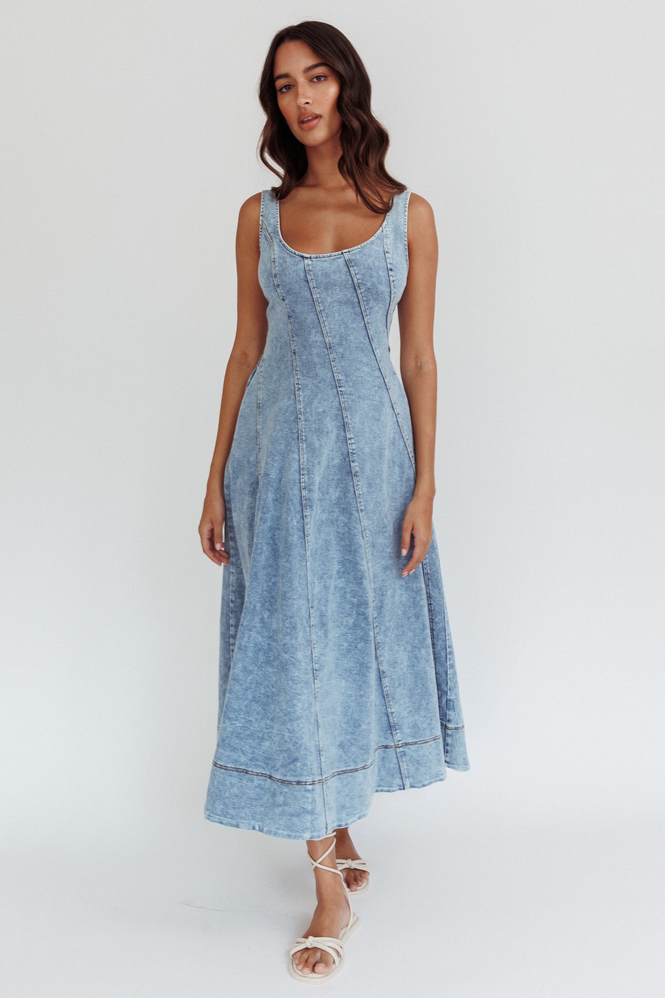 Ellora Side Pocket Midi Dress Denim Blue-Maymioy