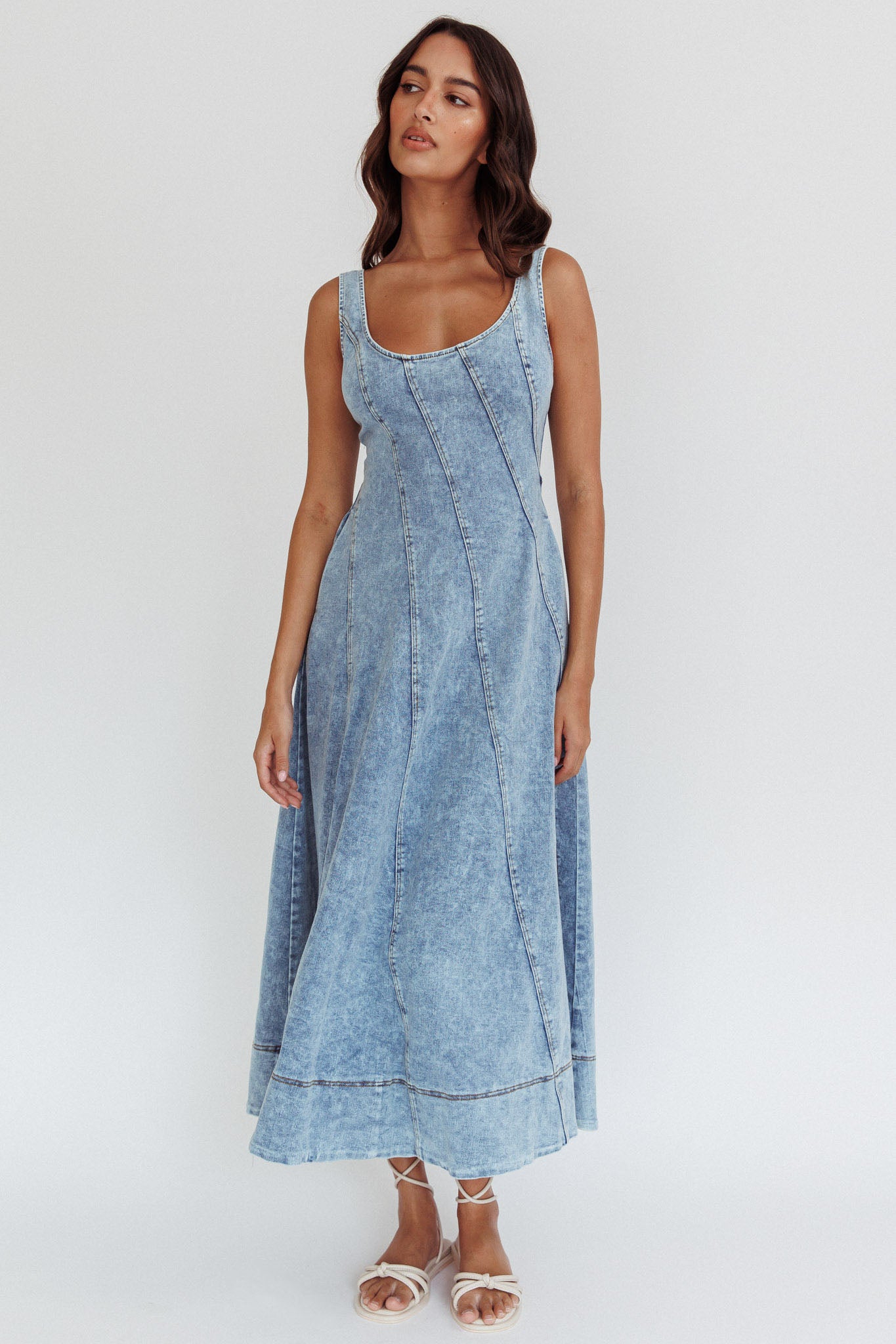 Ellora Side Pocket Midi Dress Denim Blue-Maymioy