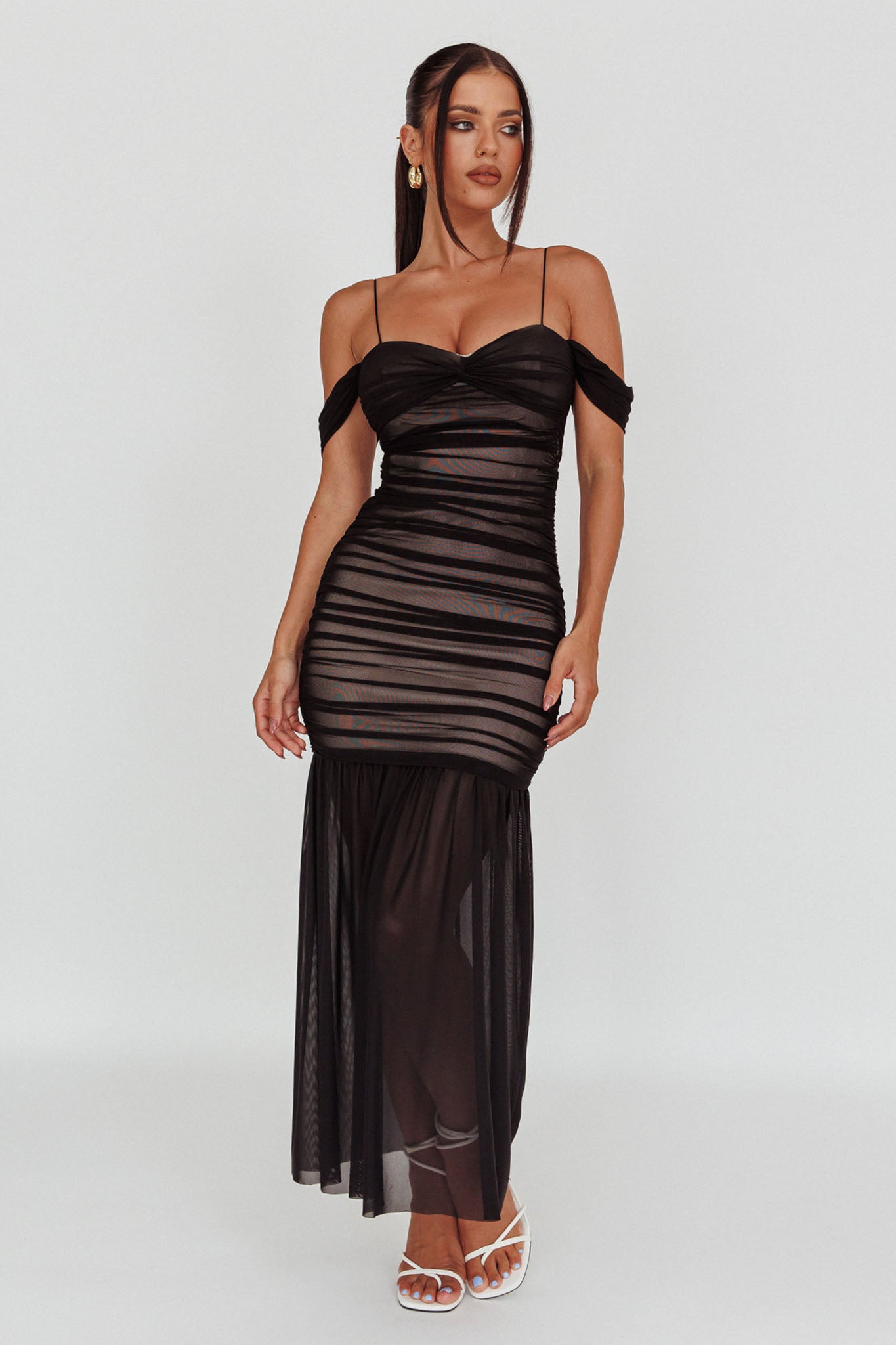 La Salle Ruched Mesh Maxi Dress Black-Maymioy