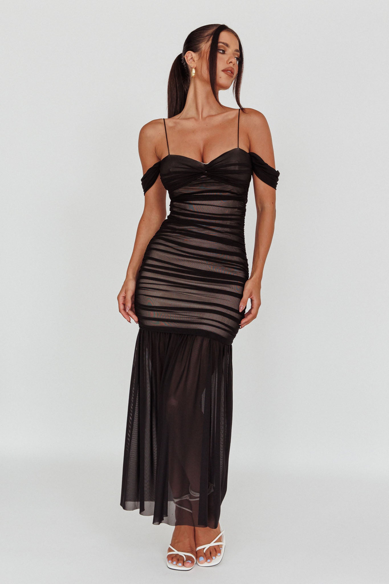 La Salle Ruched Mesh Maxi Dress Black-Maymioy