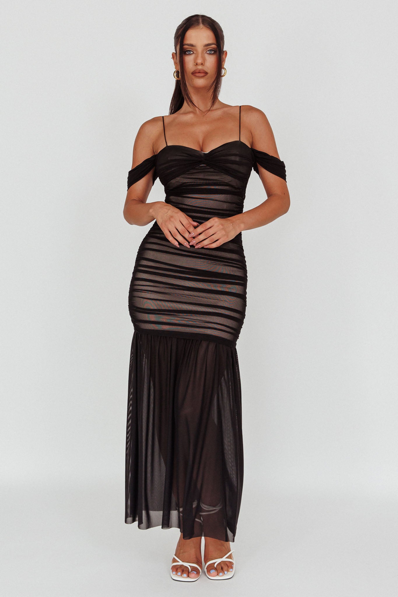 La Salle Ruched Mesh Maxi Dress Black-Maymioy