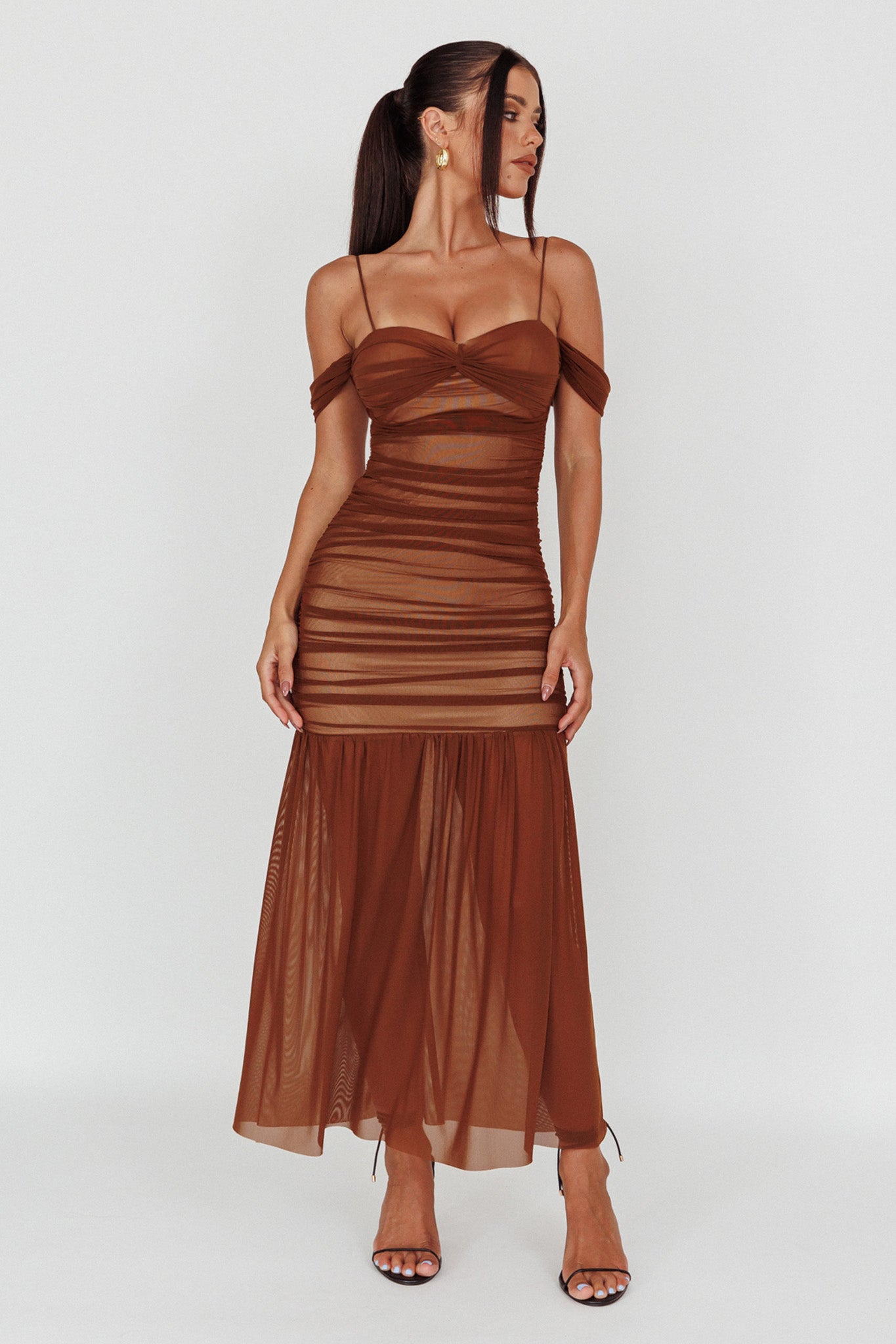 La Salle Ruched Mesh Maxi Dress Chocolate-Maymioy