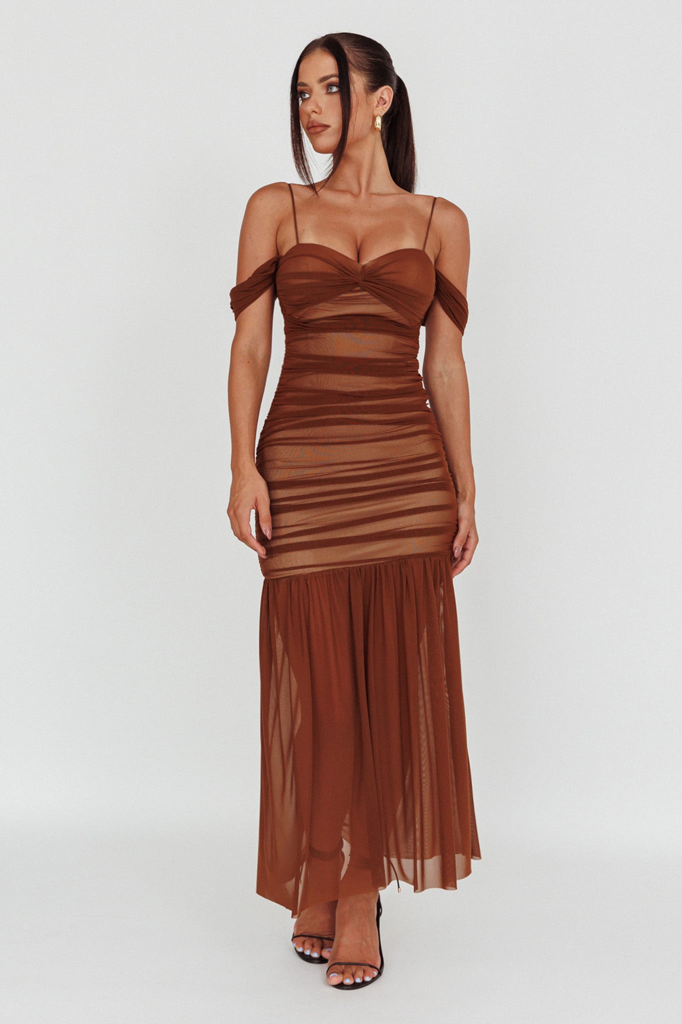 La Salle Ruched Mesh Maxi Dress Chocolate-Maymioy